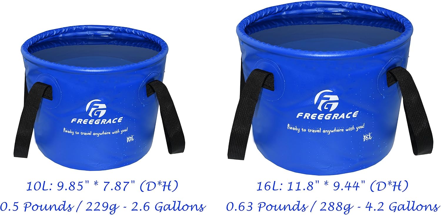 Freegrace Collapsible Bucket with Mesh Tool Pocket - 10L, 16L & 23L Portable Folding Water Container - Heavy Duty 500D Tarpaulin, BPA-Free Wash Basin for Camping, Fishing, RV, and Car Washing