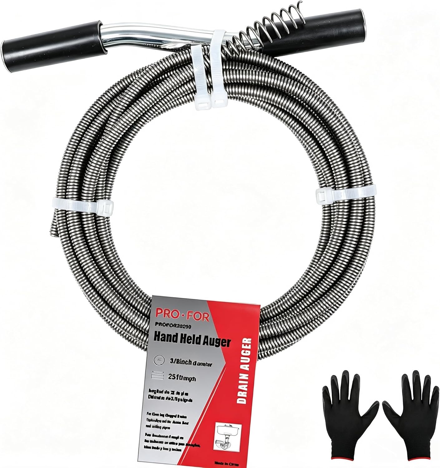 25FT Handheld Drain Auger, Heavy Duty Plumbing Snake for Clogged Drains, 3/8 Inch Diameter Manual Drain Cleaner for Sink, Bathtub