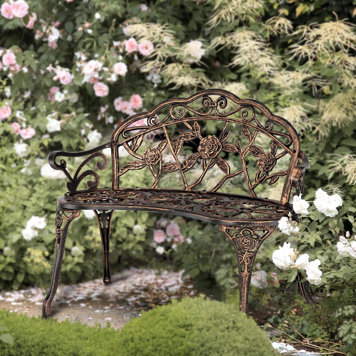 VINGLI 38.5" Patio Park Garden Outdoor Metal Rose Bench, 2-Person Cast Iron Cast Aluminium Frame Antique Finish Chair,Accented Lawn Front Porch Path Yard Decor Deck Furniture (Bronze, Rose)