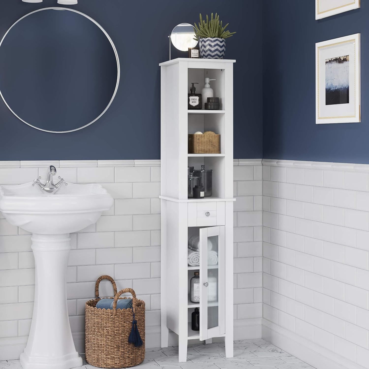 RiverRidge Prescott Tall Slim Bathroom Linen Storage Cabinet, White | Versatile Narrow Organizer with Reeded Glass Door, Open Display