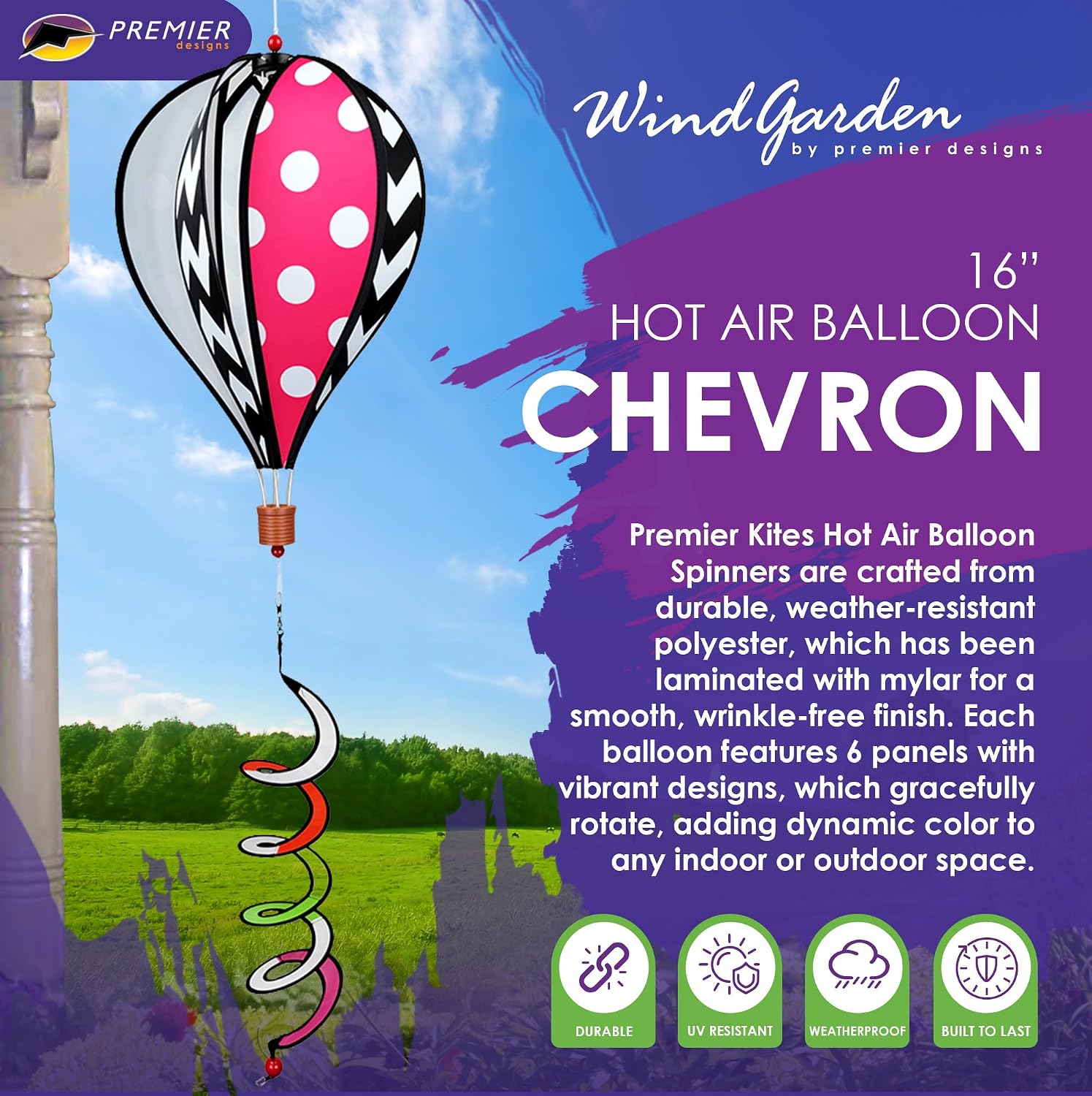Hot Air Balloon Hanging Garden Spinner 16" - Vibrant Patriotic Design, Weather-Resistant Outdoor Decor, Durable & Lightweight for Patios, Yards, and Gardens - Eye-Catching Wind Spinner