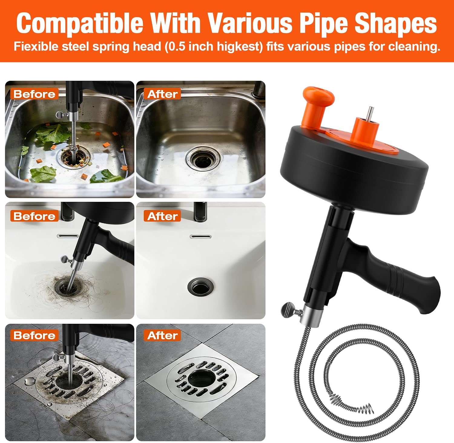 25ft Drain Auger Heavy Duty, Professional Plumbing Snake with Drill Adapter, Manual & Powered Clog Remover for Kitchen, Bathroom, Shower Sink & Bathtub, Flexible Pipe Snake Cleaner with Gloves