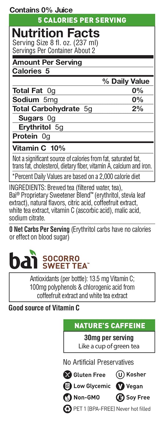 Bai Iced Tea, Narino Peach, Antioxidant Infused Supertea, Crafted with Real Tea (Black Tea, White Tea), 18 Fluid Ounce Bottles, 12 count