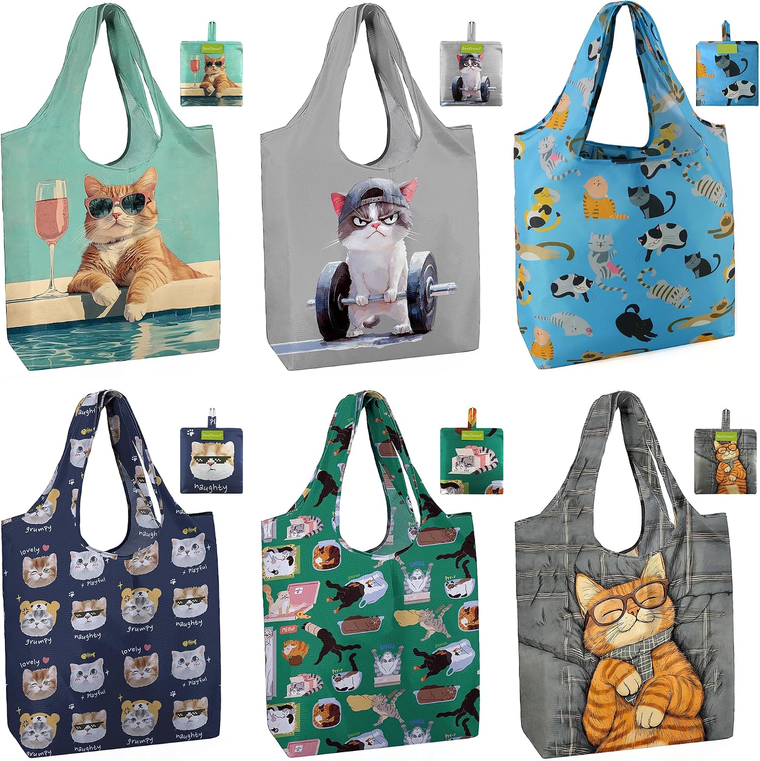 BeeGreen Grocery Bags | Reusable Gift Bags, Large Tote for Women & Foldable Beach Bag - 6 Pack Reusable Bag With Handles | Collapsible Cute Cloth Storage for Market, Holiday & Shopping | Washable​
