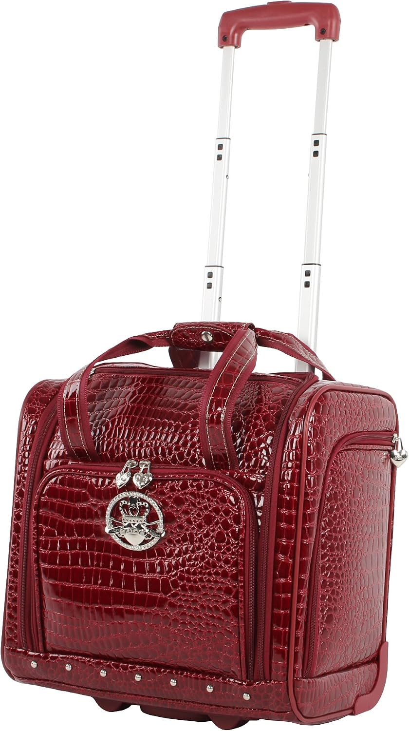 Kathy Van Zeeland Croco PVC Designer Underseat Luggage - 15 Inch Carry On Suitcase for Women- Lightweight Under Seat Bag with 2-Rolling Spinner Wheels (Burgundy)