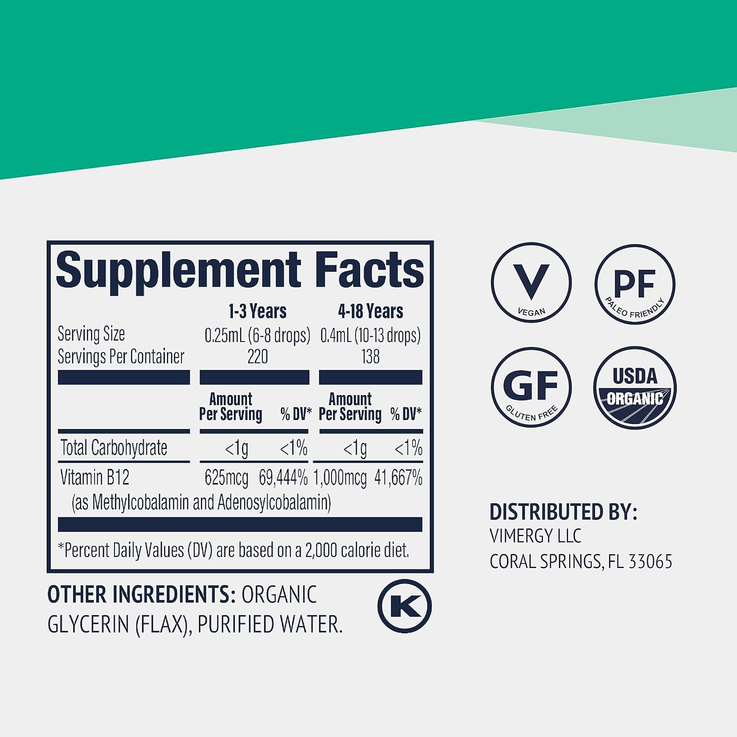 Vimergy Liquid Vitamin B12 Brain Function, 2500 mcg, Organic, 30 Servings | Brain Body Nourish*, Supports Oxygen and energy to the Brain*, Methylcobalamin & Adenosylcobalamin, Vegan, Non-GMO