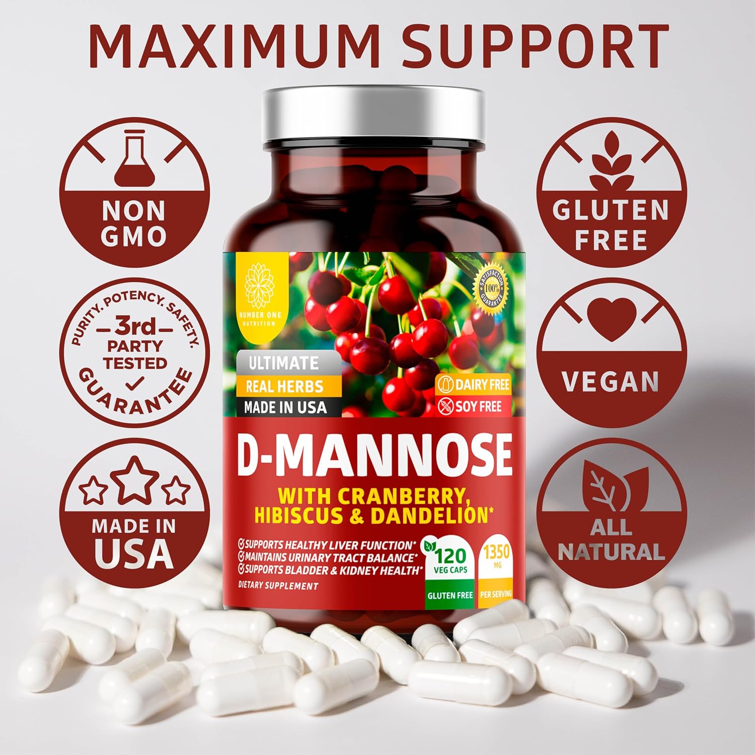 Premium D Mannose Supplement for Women and Men [Max Strength, 1350MG] Natural D-Mannose with Cranberry