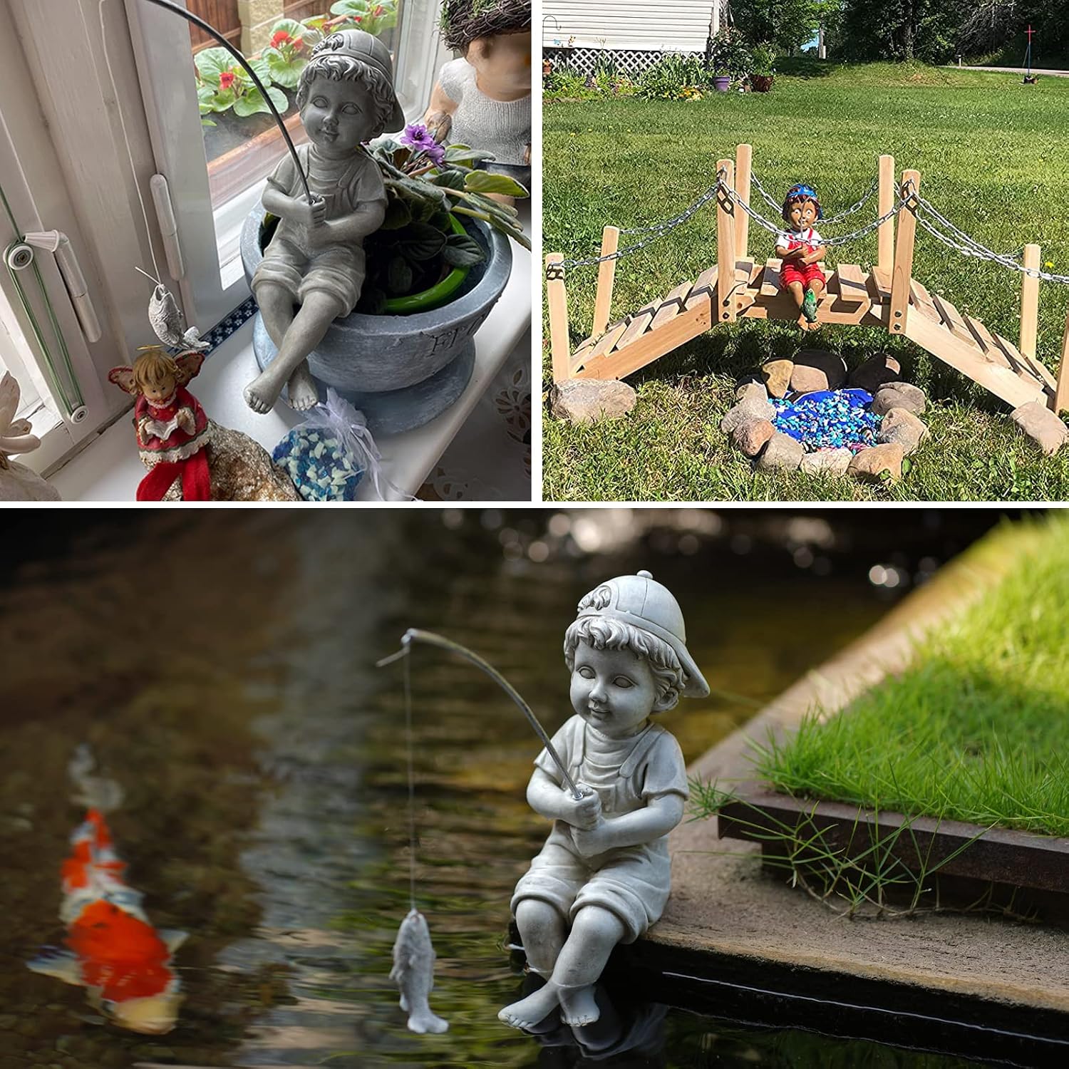 Goodeco Fisherboy Statue Garden Decor - 11" Little Fishing Guy for Koi Pond or Waterfalls, Poolside Statue with Glow in Dark Pebbles Included