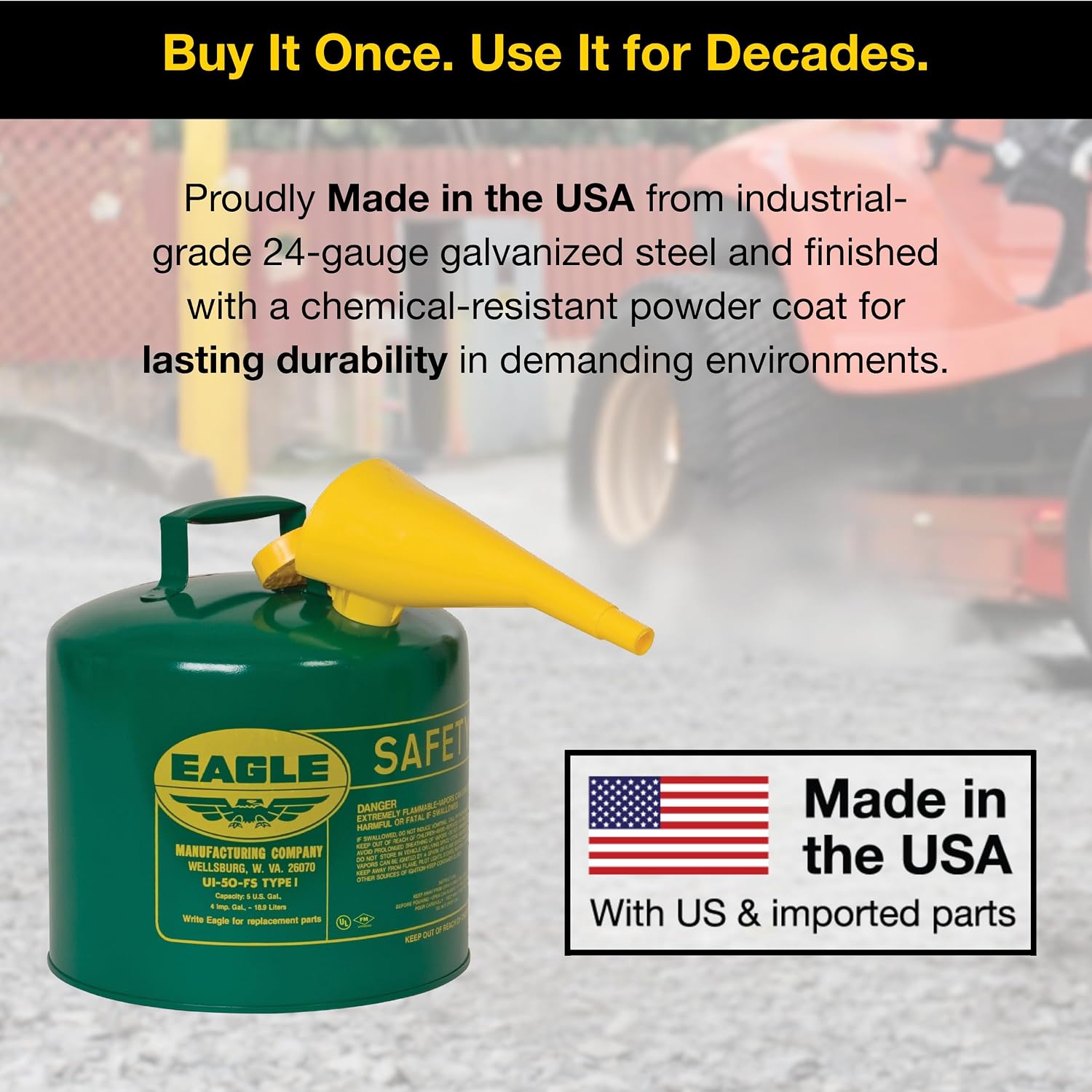 Eagle 5 Gallon Type I Green Safety Gas Can for Oil and Other Combustibles | Flame Arrester, Self-Closing Lid, and F-15 Funnel, Made in the USA