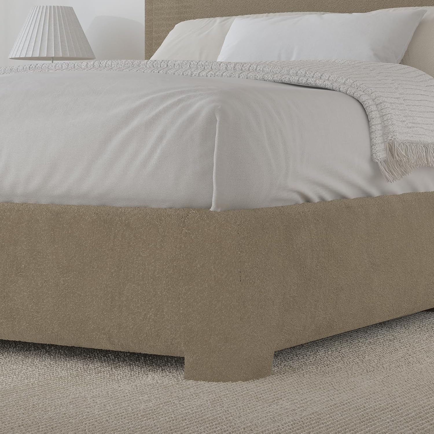 BarnFurin Full Bed Frame, Cloud Boucle Headboard, Rounded Corners, White | Soft boucle and rounded edges create a low-profile cloud look. Wooden slats support the mattress without a box spring