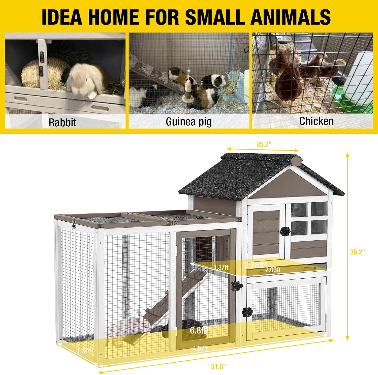 Aivituvin 103.2" L Rabbit Hutch Indoor Outdoor Bunny Cage with Run,Guinea Pig House Pull Out Upper Tray (103.2" L x 25.2" W x 36.2" H, Grey-2 Sets)