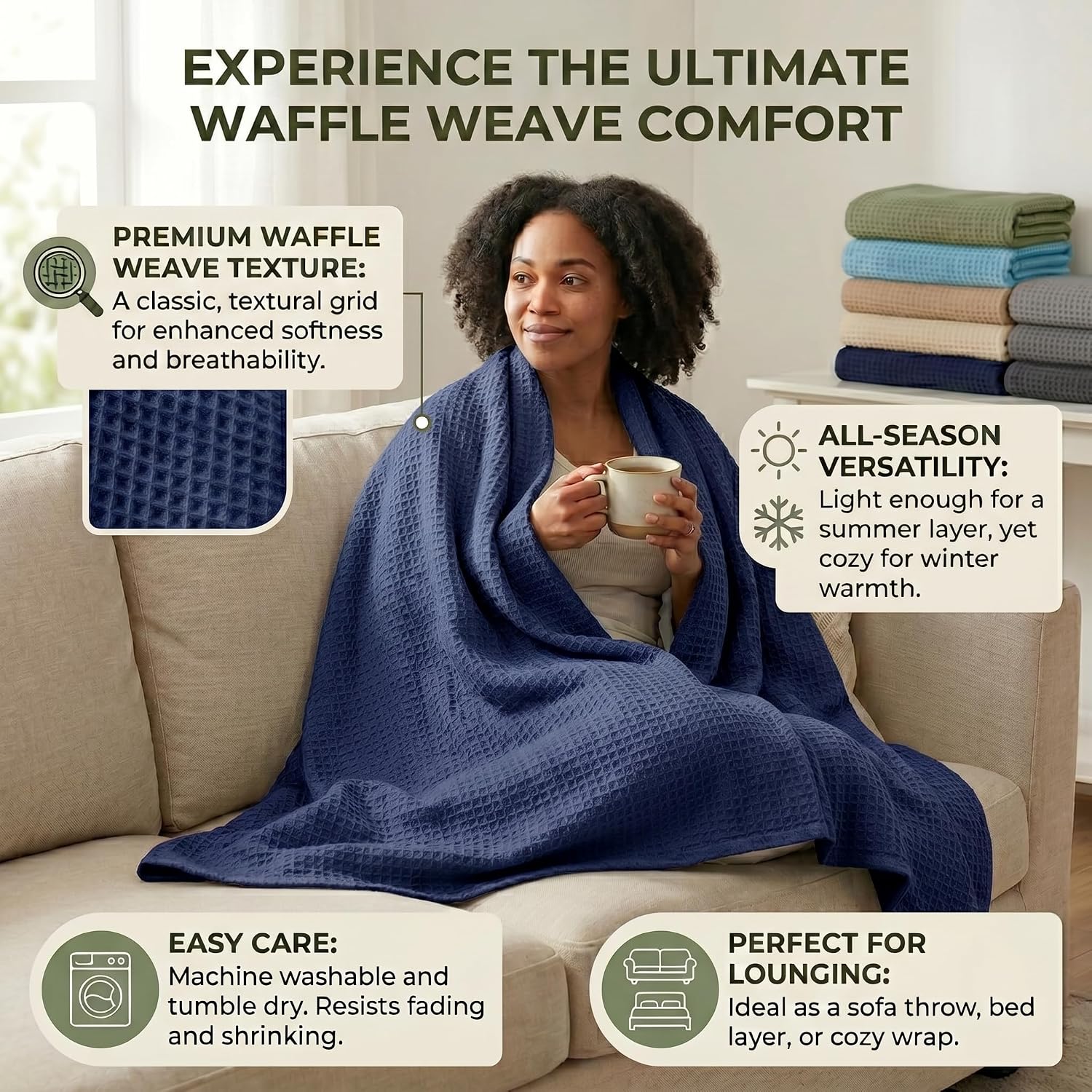 Tex Trend 100% Cotton Waffle Weave Blanket Queen Size - Soft, Breathable Cooling Blanket for Bed, Lightweight Cozy Summer & Spring Bedding, Grey, 90x90