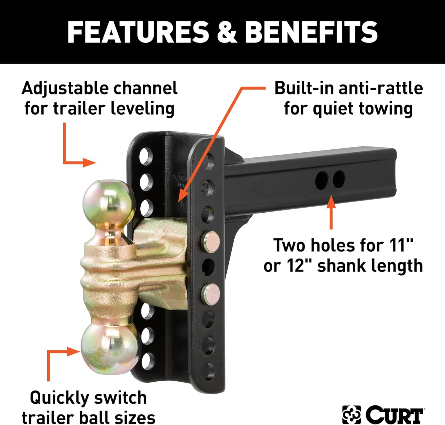 CURT 45900 Adjustable Dual-Ball Channel Mount, 2" Shank, 6" Drop | 2" Ball Rated 10, 000 lb, 2-5/16" Ball Rated 14, 000 lb, 5-1/4" Rise