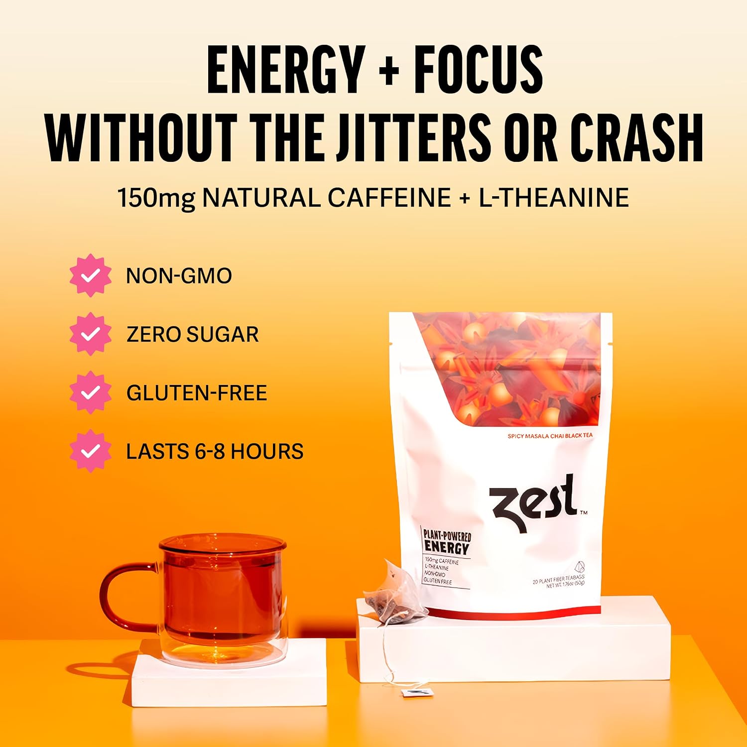 Zest Energy Green Tea – Pomegranate Mojito High Caffeine Tea Bags for Focus & Morning Energy – Natural Caffeinated Tea with 135mg Caffeine – Coffee Substitute – 20Ct Pack, Non-GMO & Keto Friendly