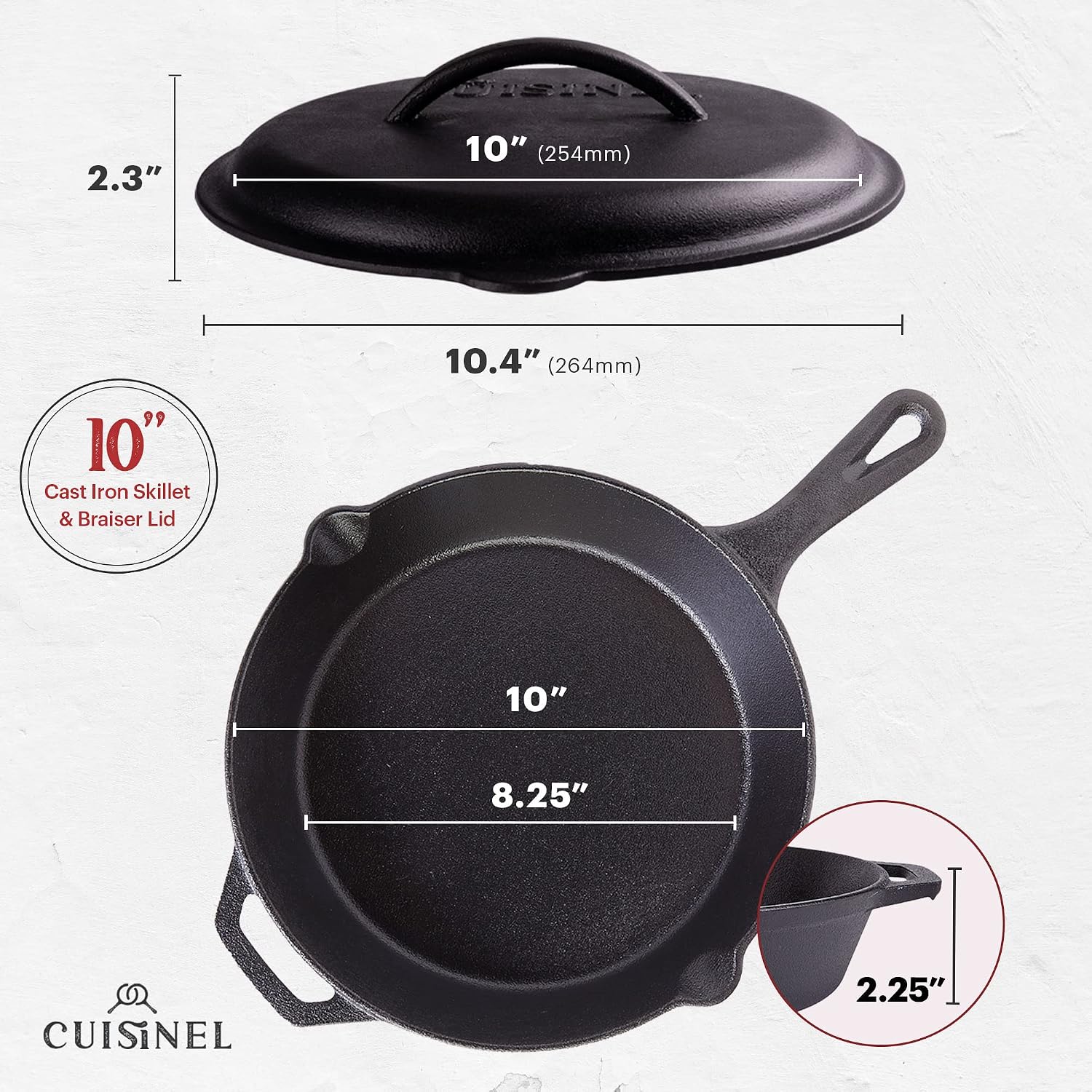 Cast Iron Skillet - 10"-Inch Frying Pan with Pour Spouts + Pan Scraper + Silicone Grip Handle Cover Holder - Pre-Seasoned Oven Cookware - Indoor/Outdoor Use - Stovetop, Induction. PFAS and PFOA-free
