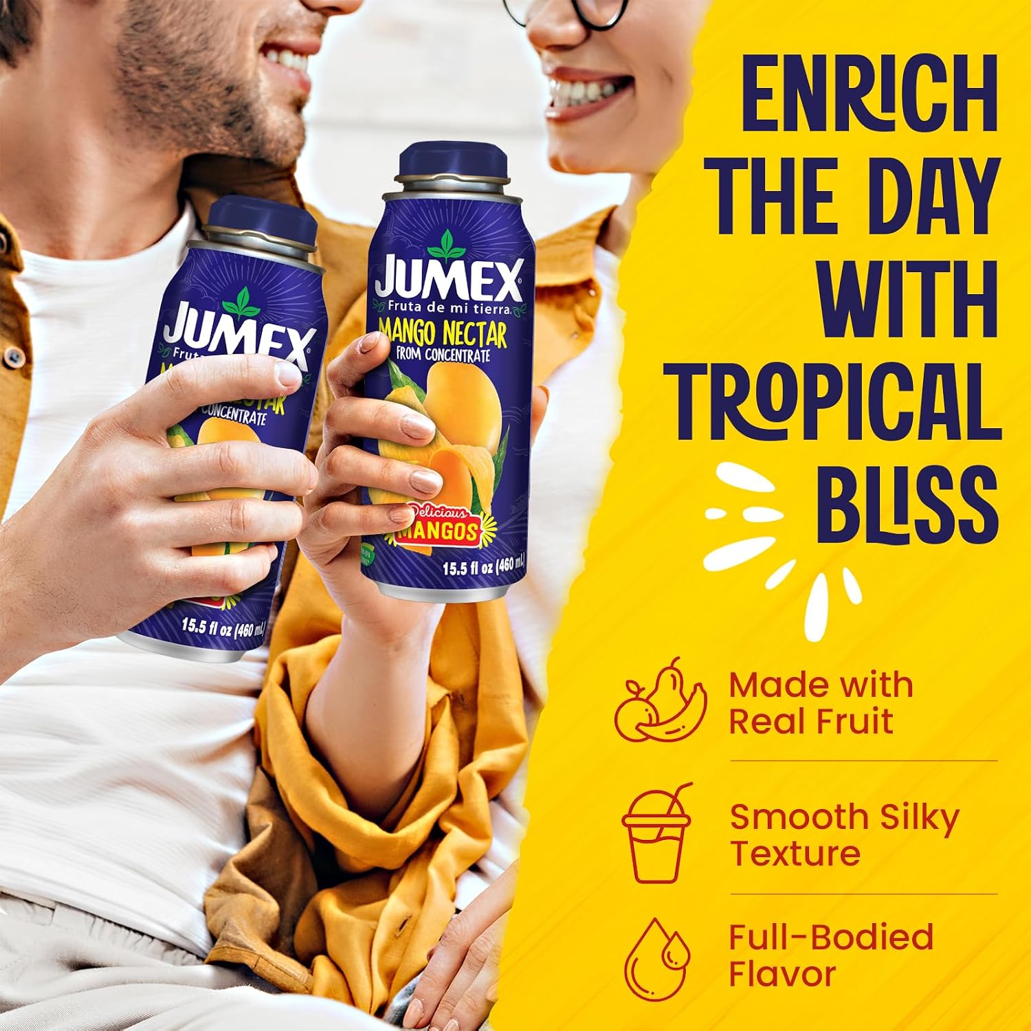 Jumex Mango Nectar Lata Botella - Made with Fresh Fruit Puree - Mango Juice Concentrate for Tropical Fruit Smoothie Mix, Cocktail Mixers & Kids Beverages - 15.5oz, 12 Pack Resealable Juice Bottles