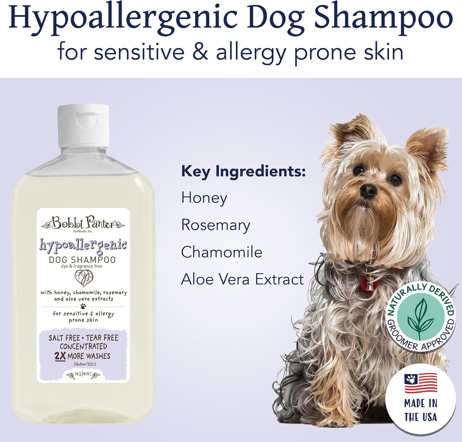 Bobbi Panter Soothing Dog Shampoo Tea Tree, Lavender, Cucumber & Oat Protein – Natural Formula for Sensitive Skin & Irritation Relief, Tear-Free, 30:1 Concentrate, Made in USA, 14 oz