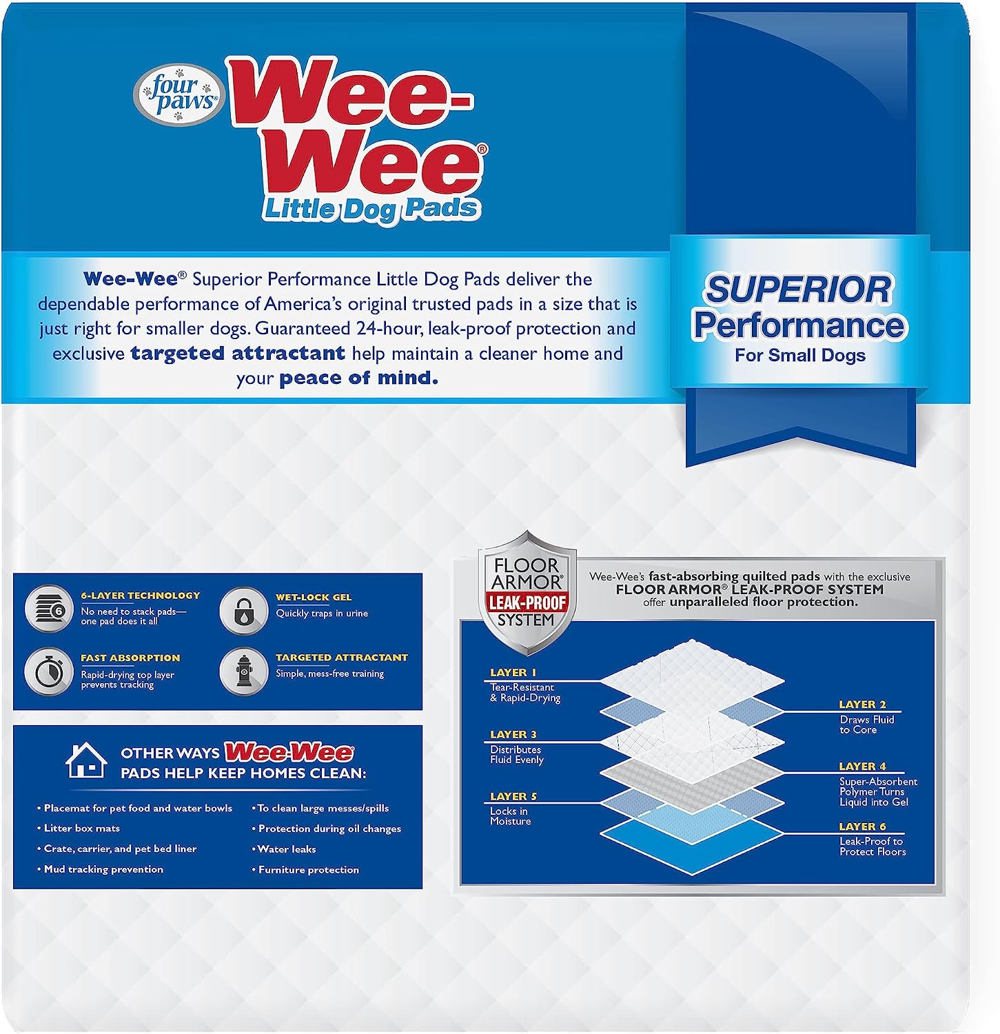 Four Paws Wee-Wee Superior Performance Little Dog Pee Pads, 28 Count | Quilted leak-proof puppy pads, dog housebreaking & potty training