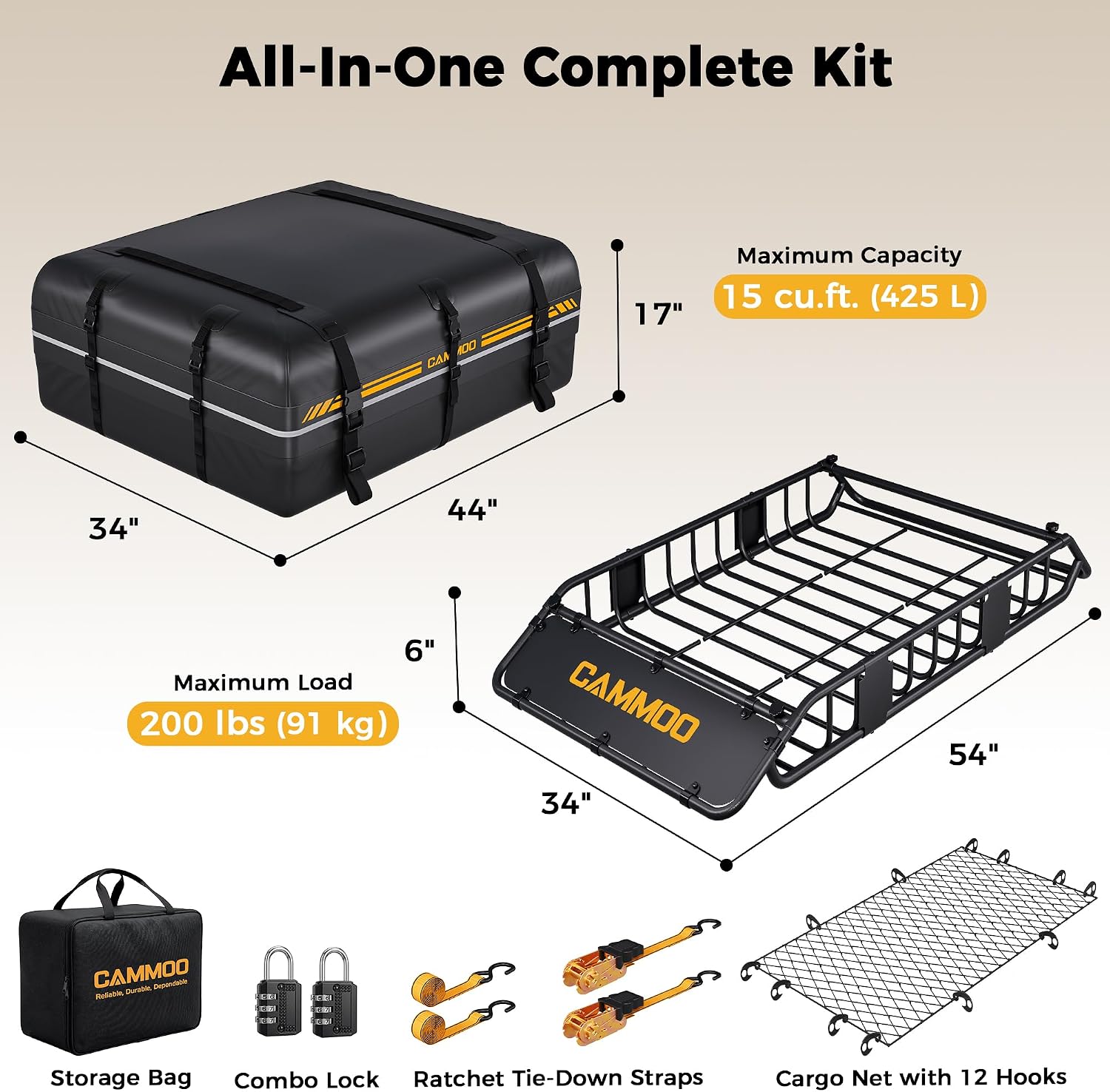 CAMMOO 54"x34" Roof Rack Basket Removable Fairing & Support Bars for Kayaks | All-In-One Kit Includes 15 Cu.Ft. Waterproof Bag, Cargo Net
