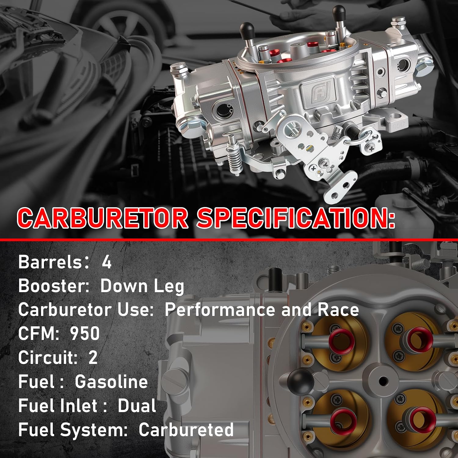 BR-67202 950 CFM Carburetor Race Series Mechanical Secondary Carburetor, Double Pumper 4150 4-Barrel Square Bore No Choke Dual Inlet