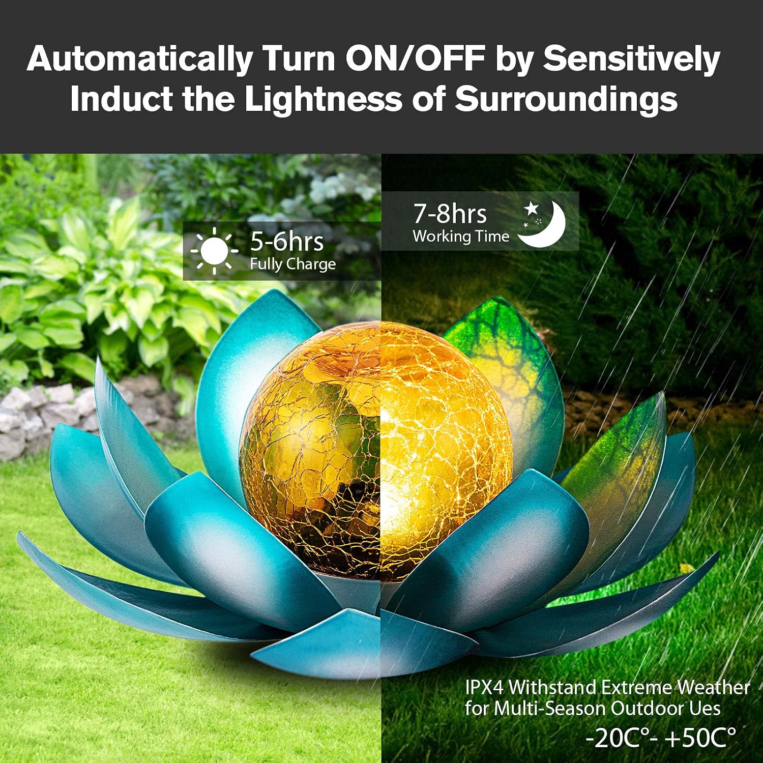 Huaxu Solar Lights Outdoor Garden, Crackle Globe Glass Lotus Decor, Waterproof LED Metal Flower Decorations for Patio,Lawn,Walkway,Tabletop,Ground