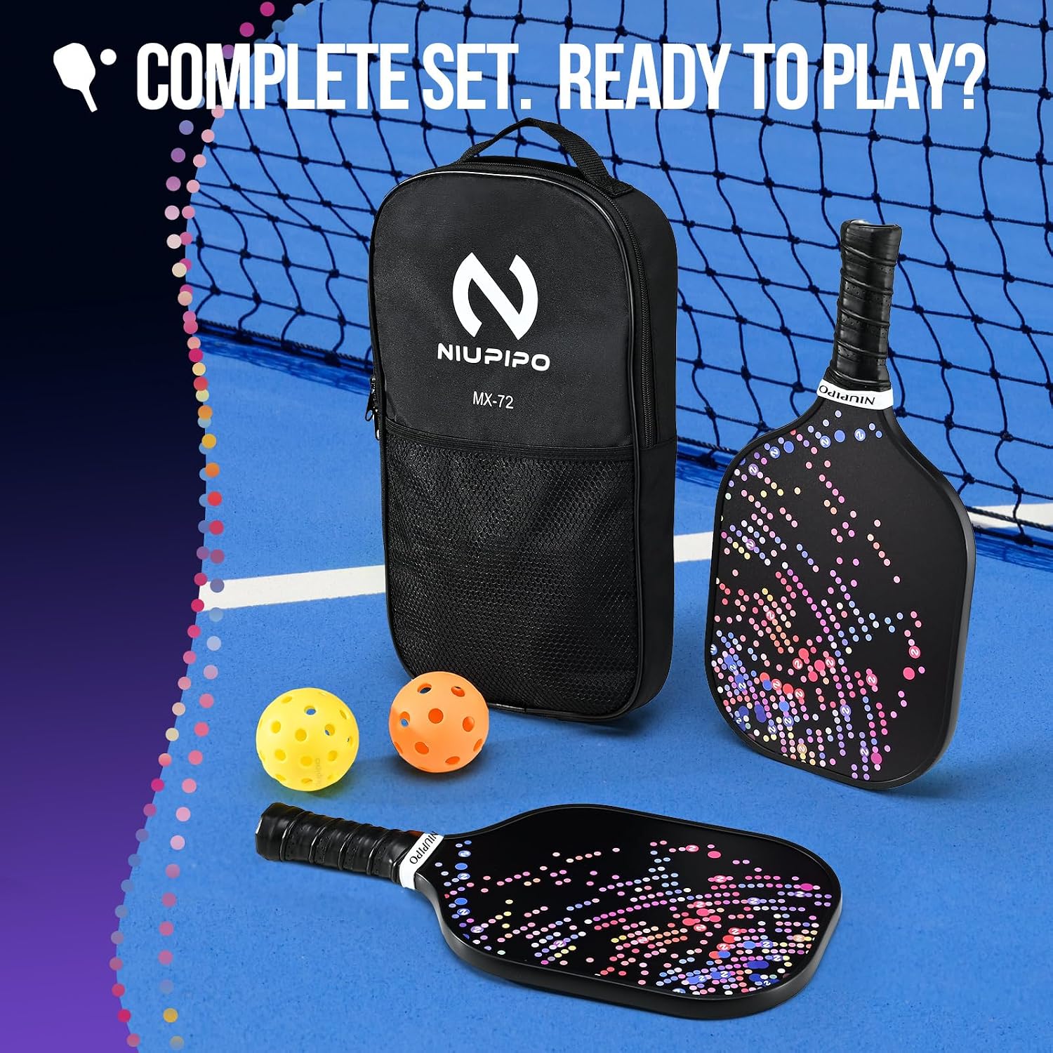 niupipo Pickleball Paddles Set of 2 or 4, USAPA Approved Fiberglass Pickleball Paddle Set with Balls and Bag, Polypropylene Honeycomb Core