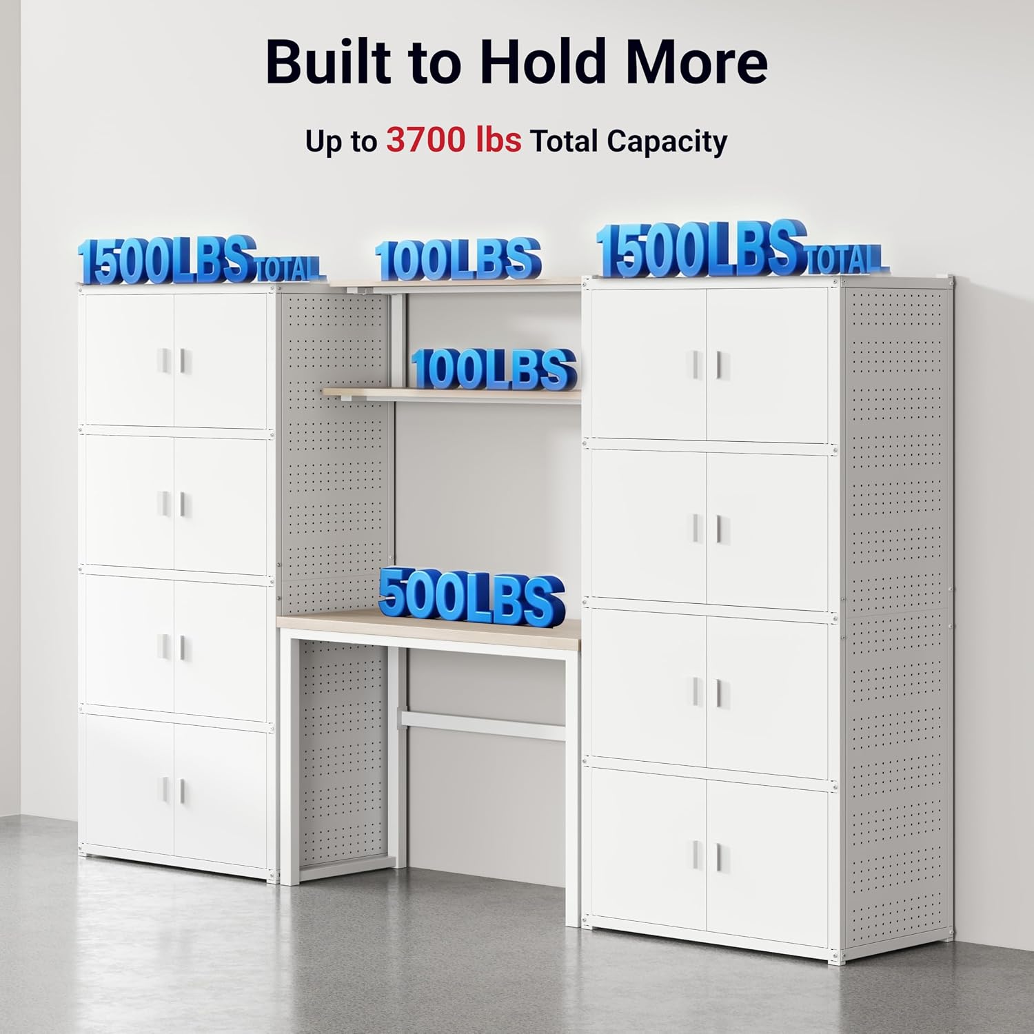 FLEXIMOUNTS 117"W Modular Garage Storage Cabinet with Workbench, Black | 6 Doors, 3700lbs capacity, Metal board shelf includes pegboard, 3-in-1 metal tool cabinet, 24-gauge steel, FLEXIMOD Series