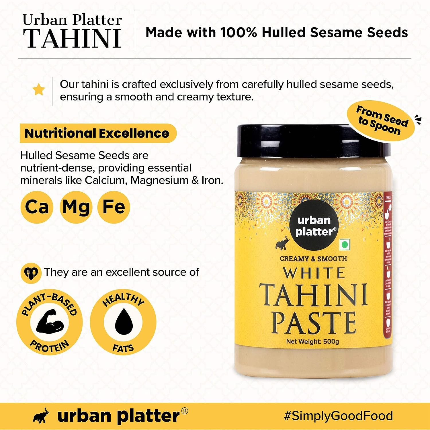 Urban Platter White Tahini Paste | 17.64 Oz (500g) | Creamy & Smooth Sesame Seed Paste | Ideal for Hummus, Salad Dressings, Sauce