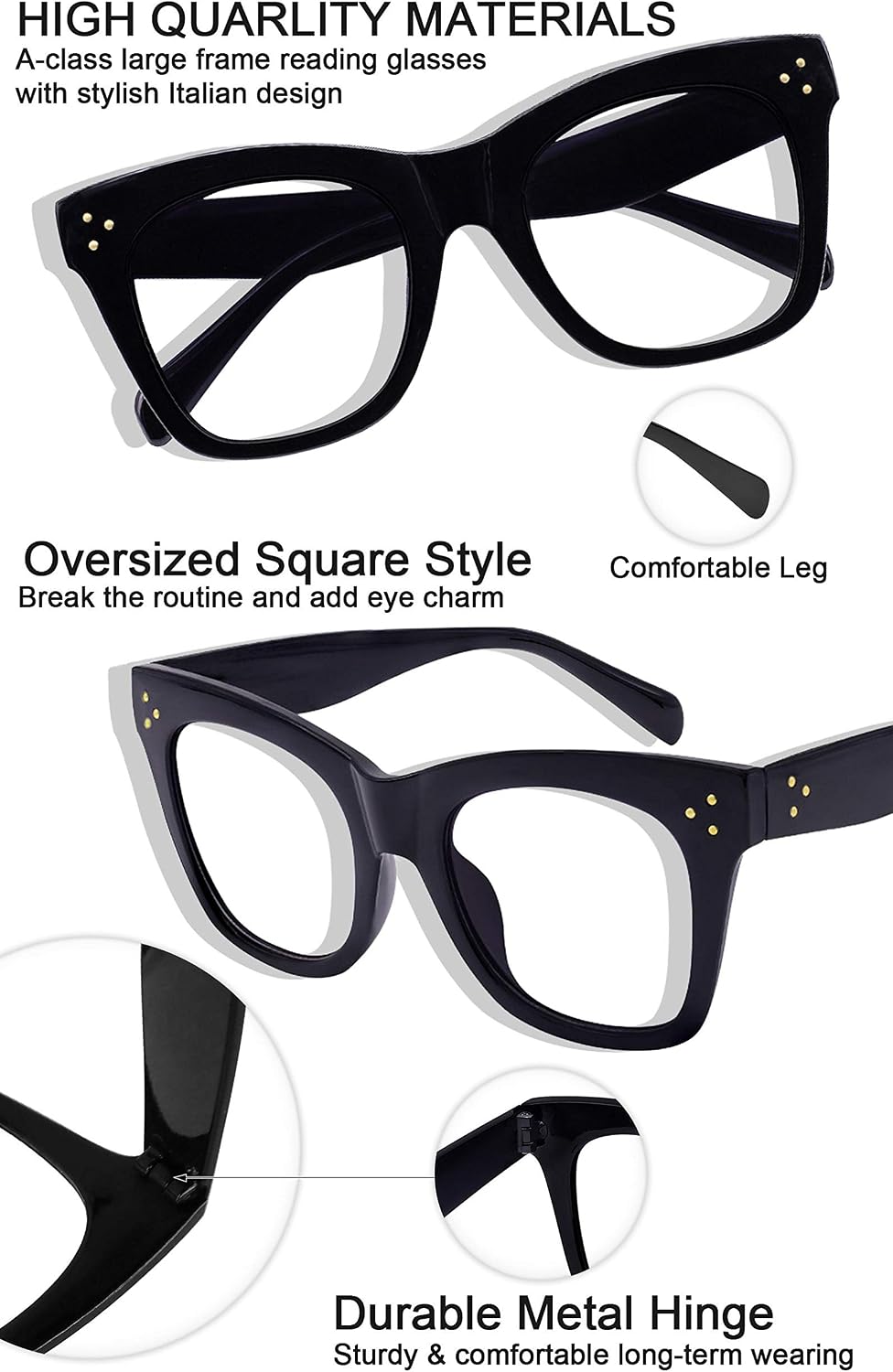 MARE AZZURO Oversized Reading Glasses Women Trendy Large Readers 0 1.0 1.25 1.5 1.75 2.0 2.25 2.5 2.75 3.0 3.5 4.0 5.0 6.0 (Black, 250)