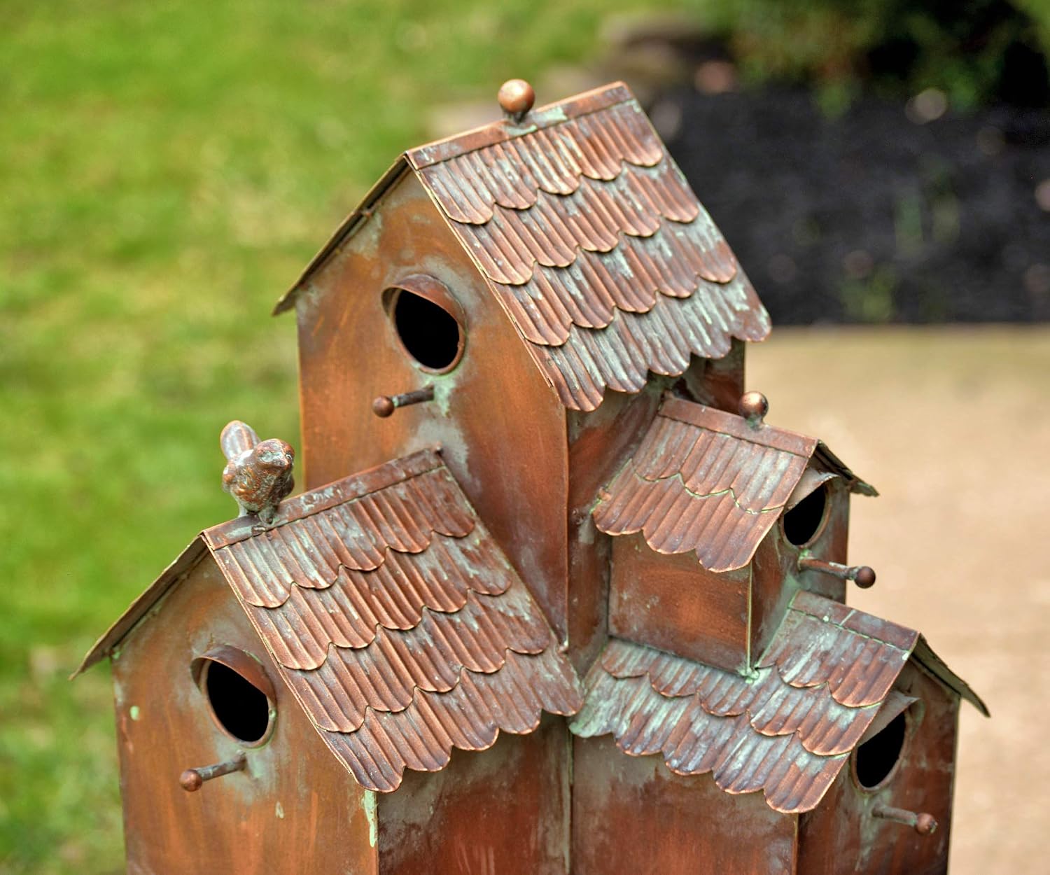 Large Copper Colored Multi-Birdhouse Stakes, Room for 4 Bird Families in Each (Cube Homes with Pyramid Roofs)