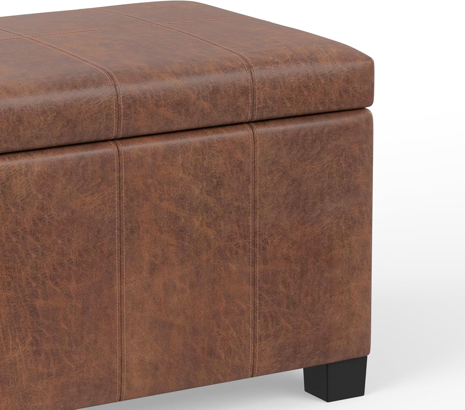 SIMPLIHOME Dover 36" Wide Vegan Leather Storage Ottoman in Midnight Black | Distressed umber brown, contemporary ottoman with lift-top and safety hinges; rectangle storage bench for living room.
