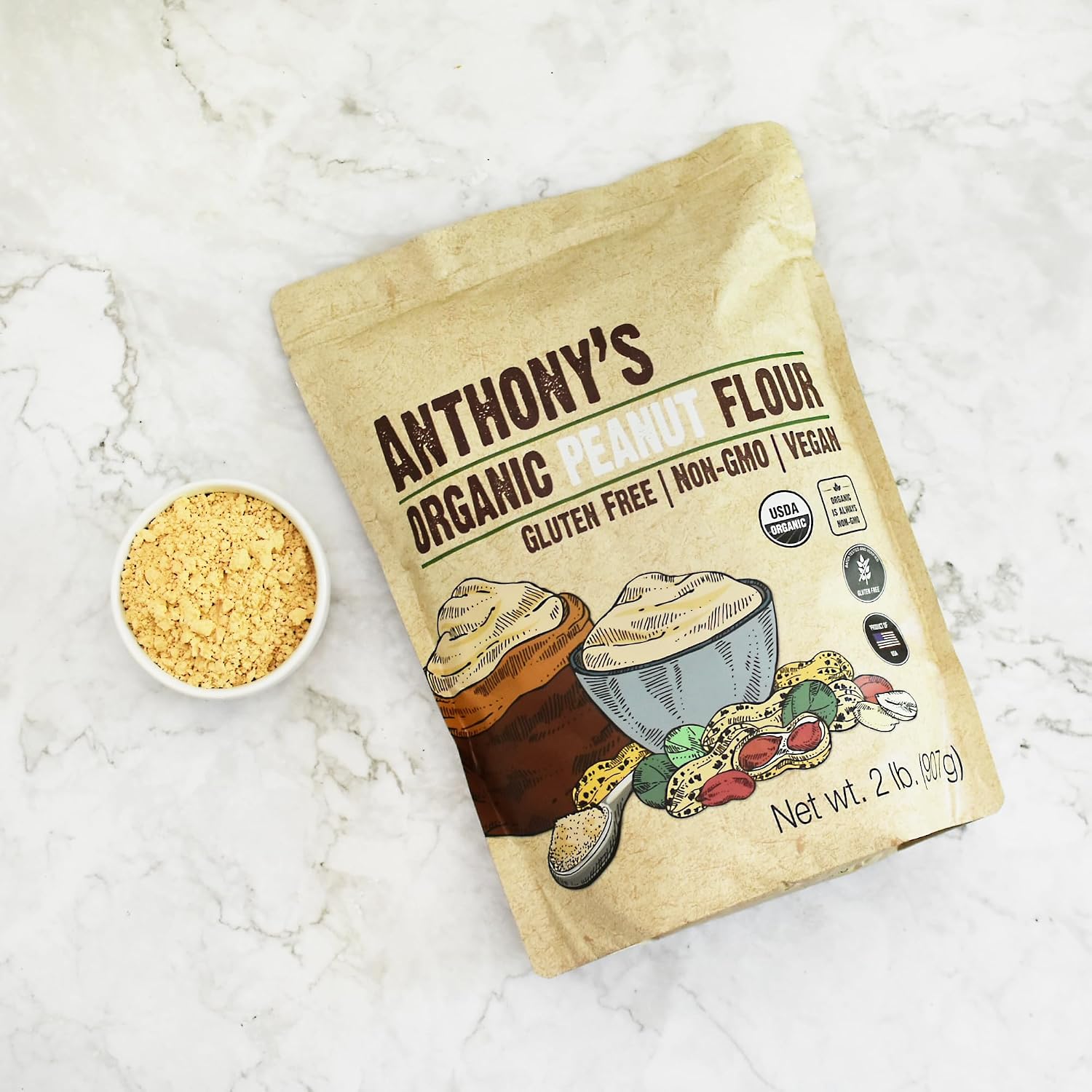 Anthony's Organic Peanut Flour, Defatted, 2 lb, Light Roast 12% Fat, Verified Gluten Free