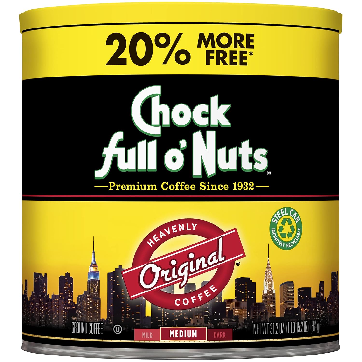 Chock Full o' Nuts French Roast Ground Coffee – Premium Beans in Recyclable Steel Can – Rich Flavor & Aroma, Dark Roast – Perfect for Drip, Pour-Over, Percolator – 26 Oz Can