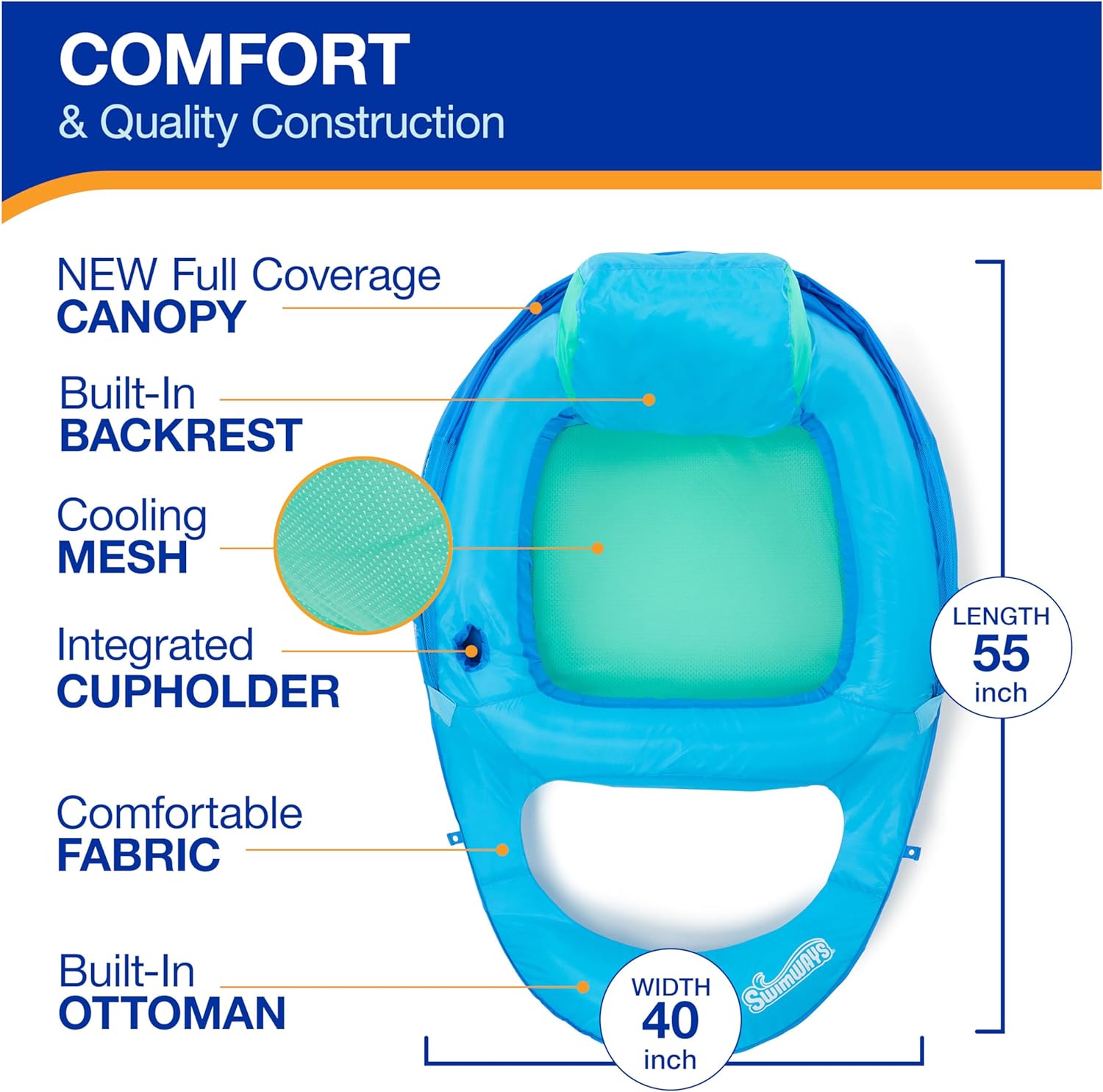 SwimWays Spring Float Recliner Chair for Swimming Pool, Inflatable Pool Floats Adult with Fast Inflation, Cup Holder & Foot Rest for Ages 15 & Up