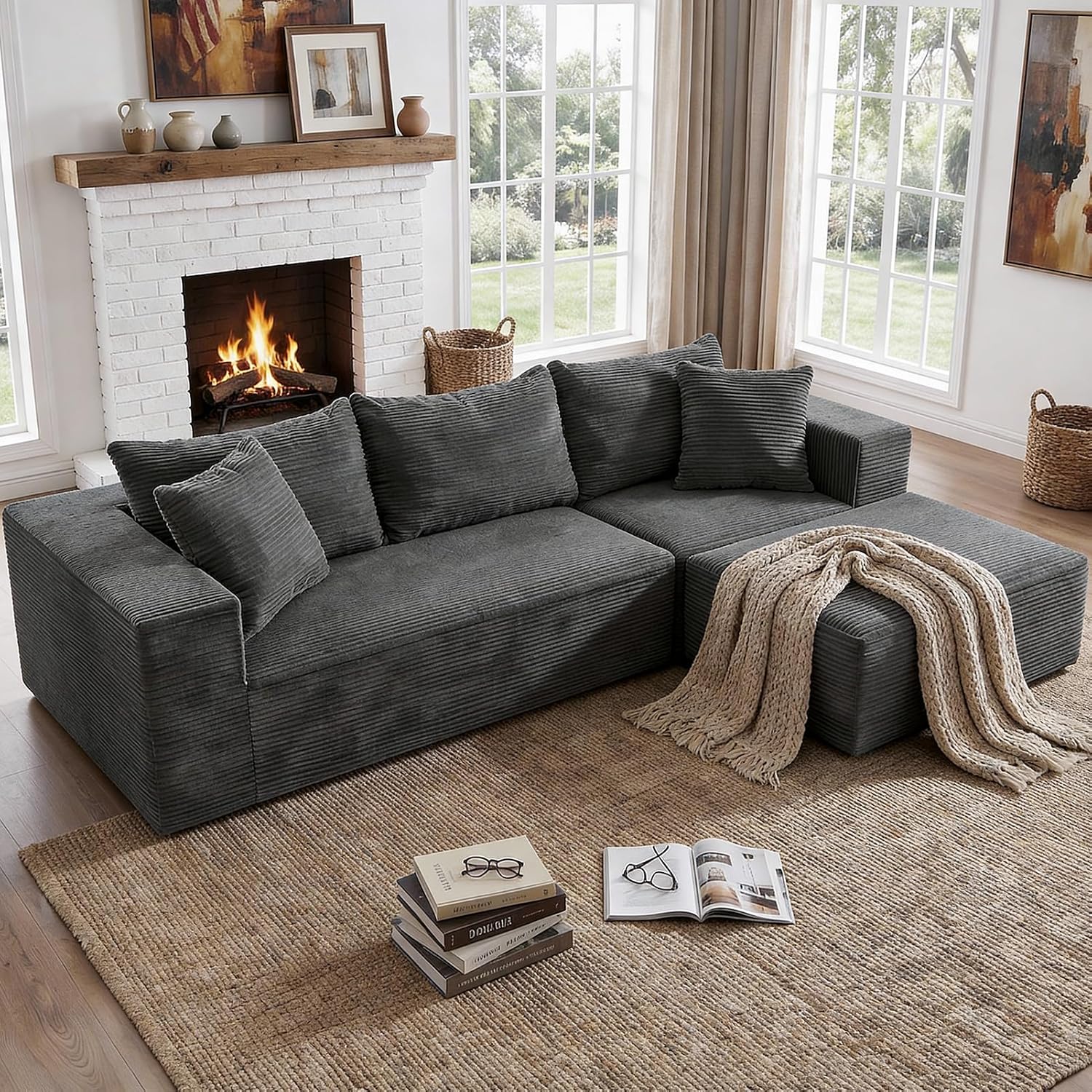 INGEROOM 108" Cloud Sectional Couch with L-Shape Chaise, Modular Sofa Memory Foam, Boneless Sofa with Movable Ottoman