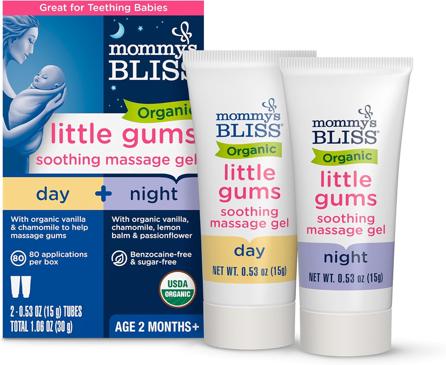 Mommy's Bliss Organic Little Gums Soothing Massage Gel Day and Night Combo, Great for Teething Babies, Age 2 Months+, Sugar Free, Mild & Sweet Flavor
