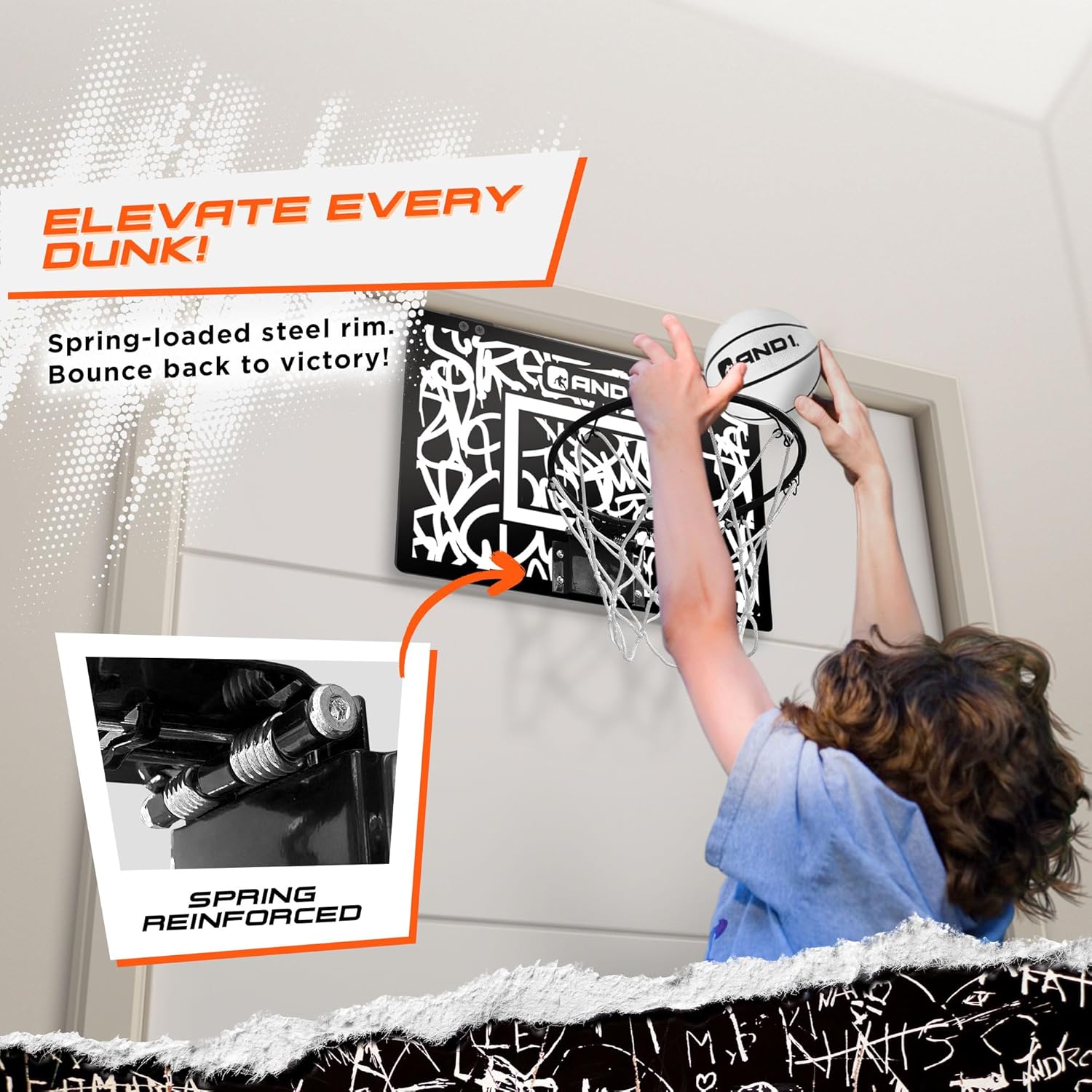 AND1 Over the Door Mini Basketball Hoop: 18x12 Shatterproof Backboard, 2 Mini Basketballs