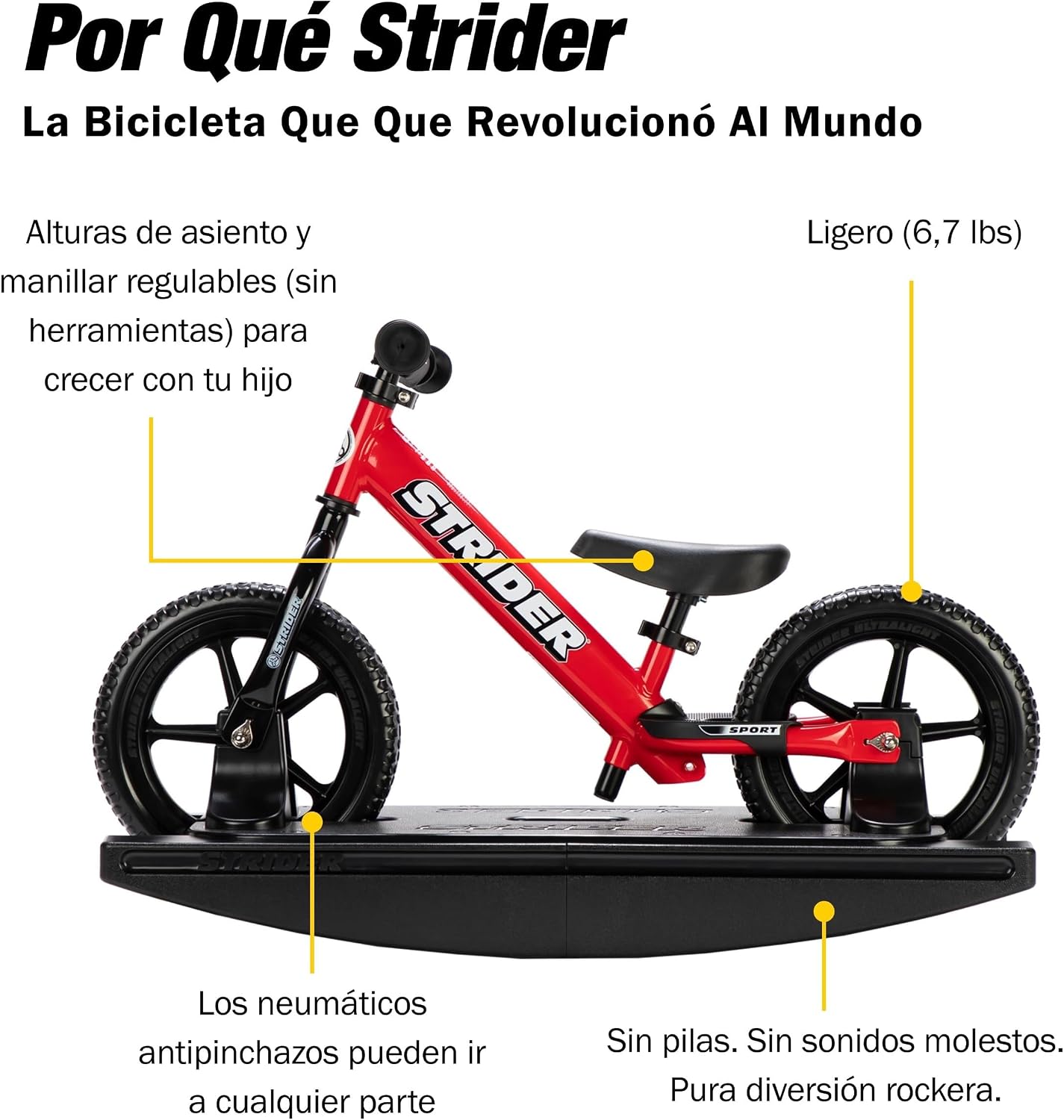 Strider Sport 2-in-1 Rocking Bike, Ages 6 Months–4 Years | For 12 Model, Converts Baby Rocking Toy to Toddler Balance Bike, Tool-Free Adjustments, Wide and Stable Base, Durable Plastic
