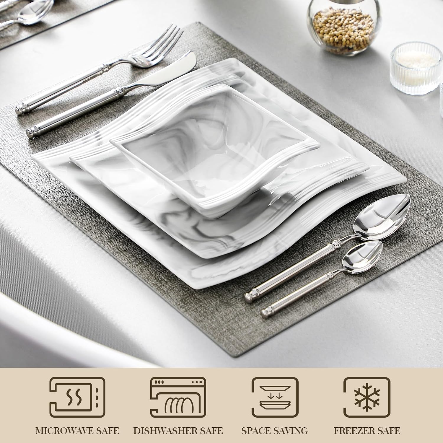MALACASA Plates and Bowls Sets, 26 Pieces Ivory White Porcelain Dinnerware Sets without Mugs, Square Dinnerware with Dinner Plates, Bowls and Serving Platters, Modern Dish Set for 6, Series Flora