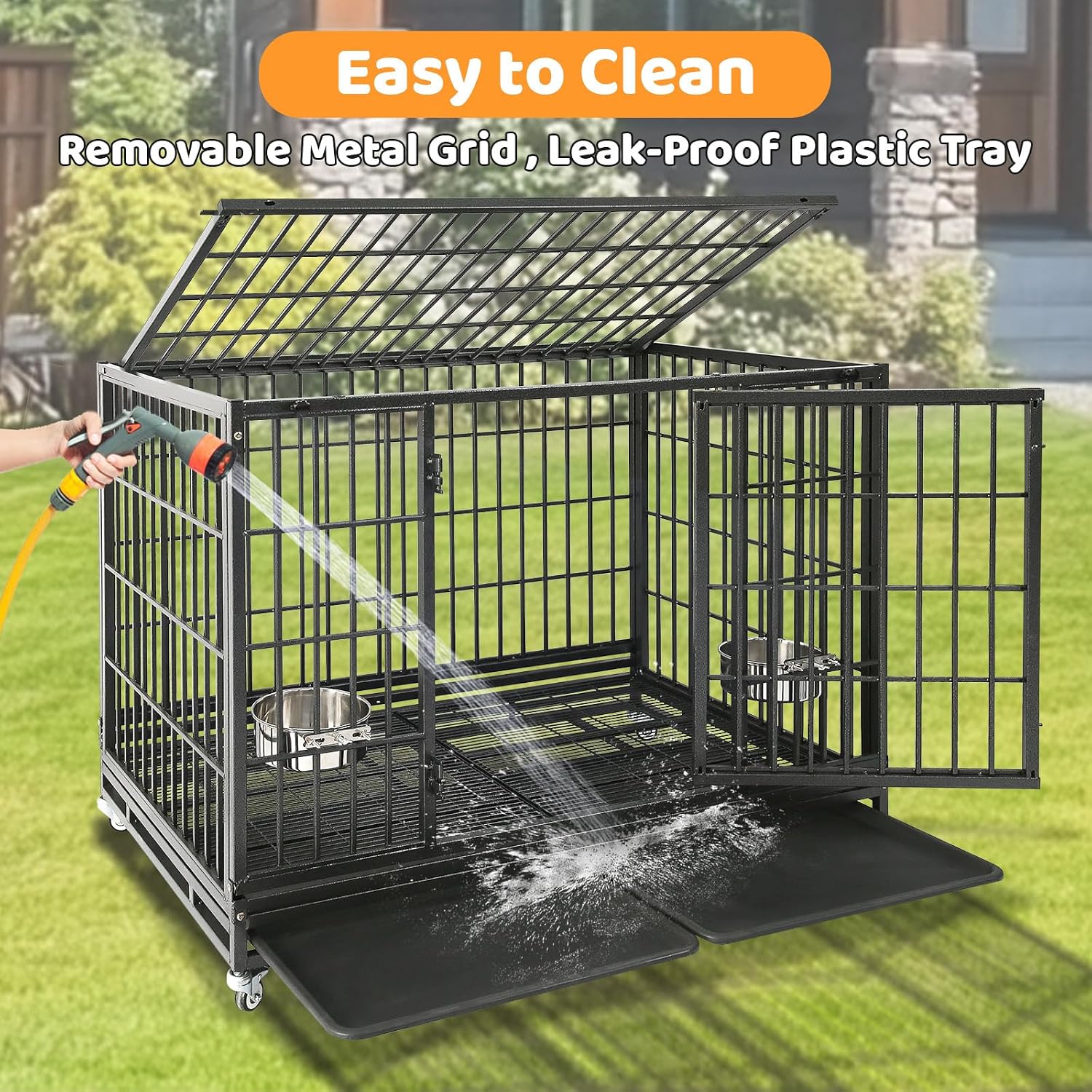 Homey Pet Taller 43" Heavy Duty Double Dog Crates with Divider & Dual Door | Drop Cage for Dogs with Lockable Wheels, Bowls, Removable Tray, Top Access, Ideal for Small to Medium & Large Dogs, Breeders