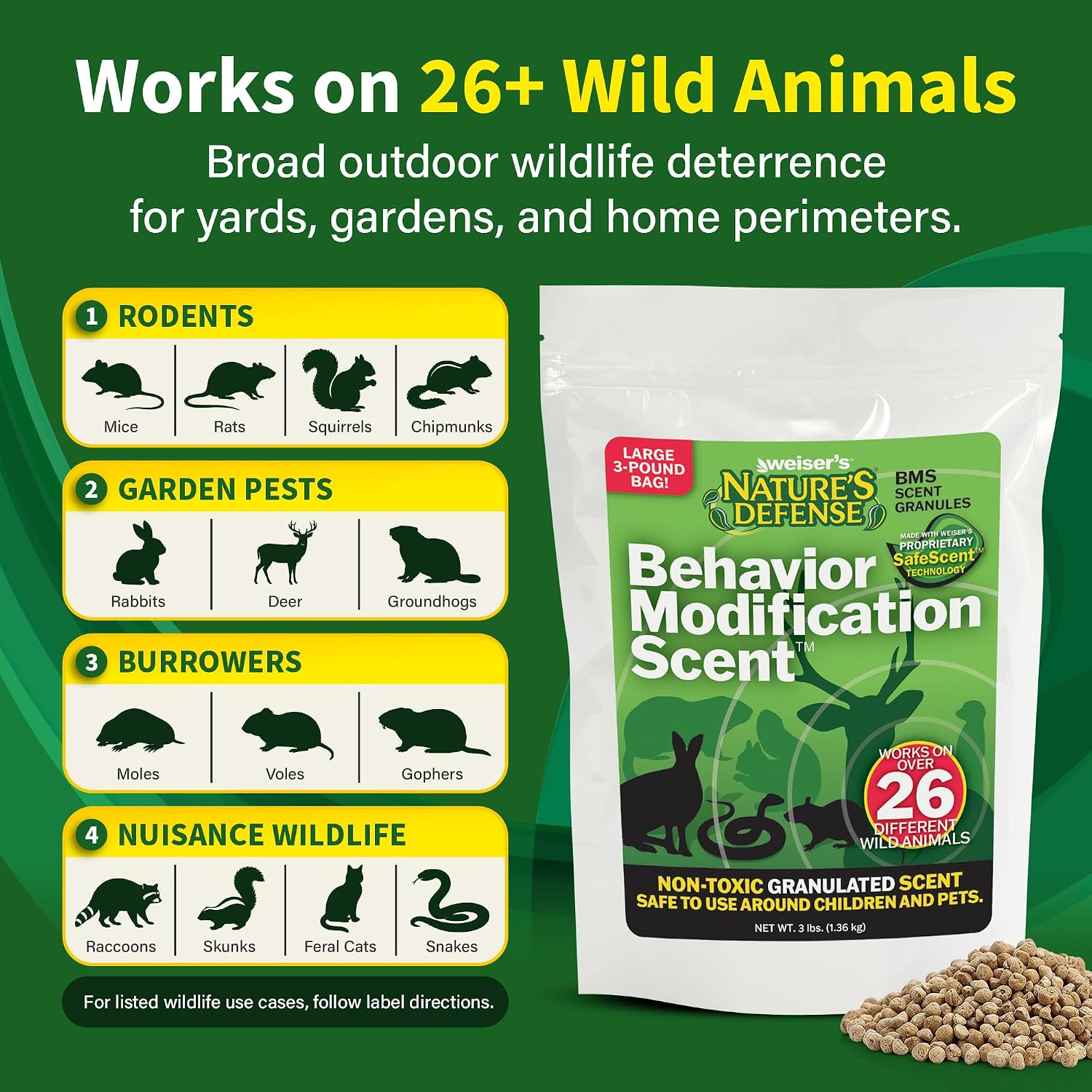 Nature's Defense Organic Animal Repellent Granules, 44 oz | 7 Certified Organic Ingredients, 94.1% Effective, Repels Deer, Mice, Cats