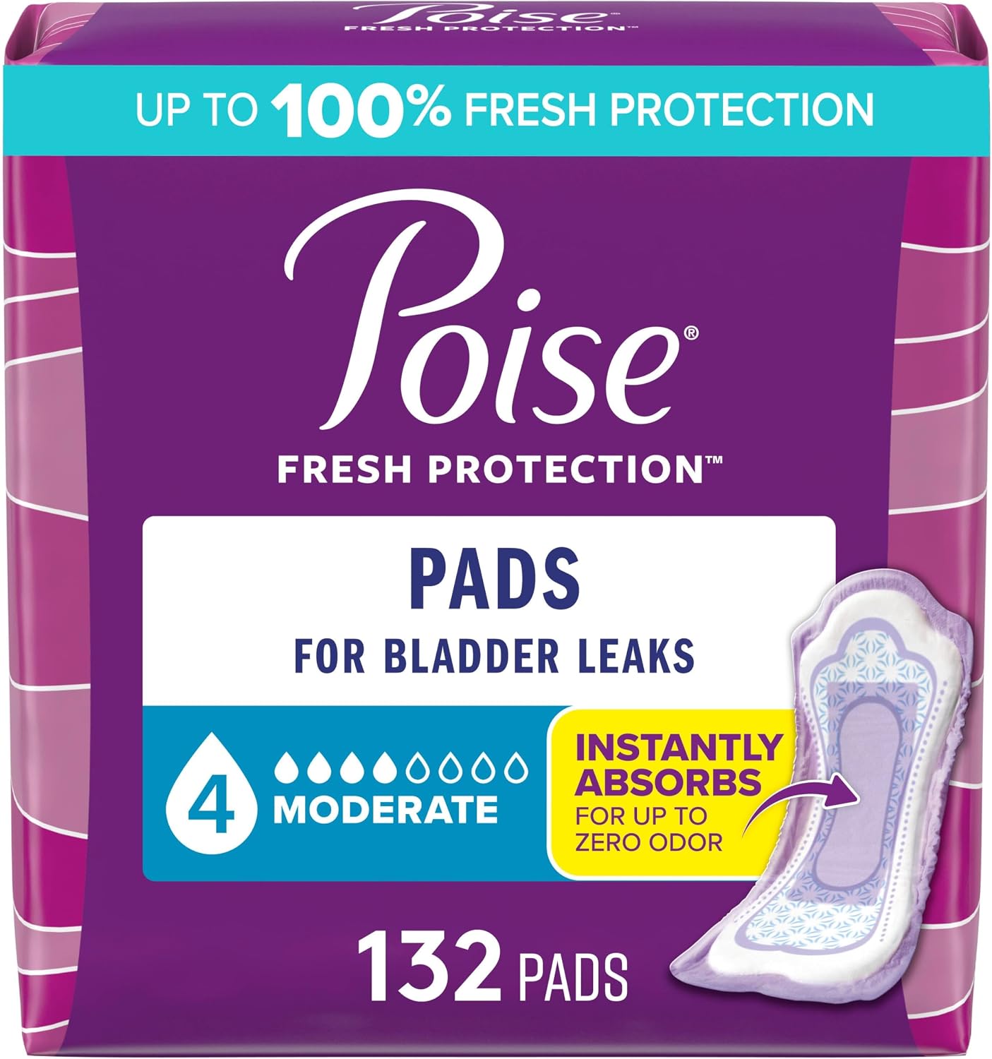 Poise Incontinence & Postpartum Pads for Bladder Leaks, 4 Drop Moderate Absorbency, Regular Length, 20 Count, Packaging May Vary