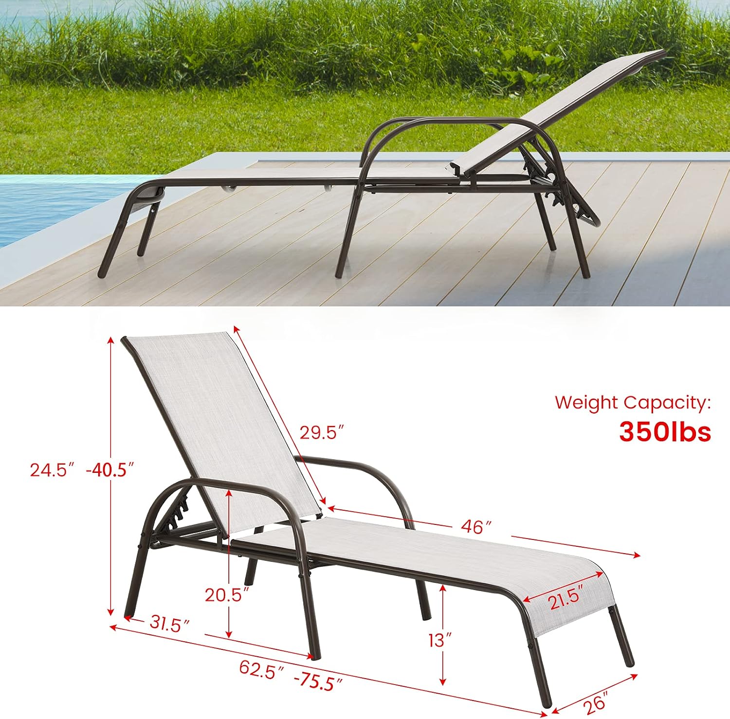GIANTEX 2 Pack Patio Lounge Chair with 5 Adjustable Backrest, Black