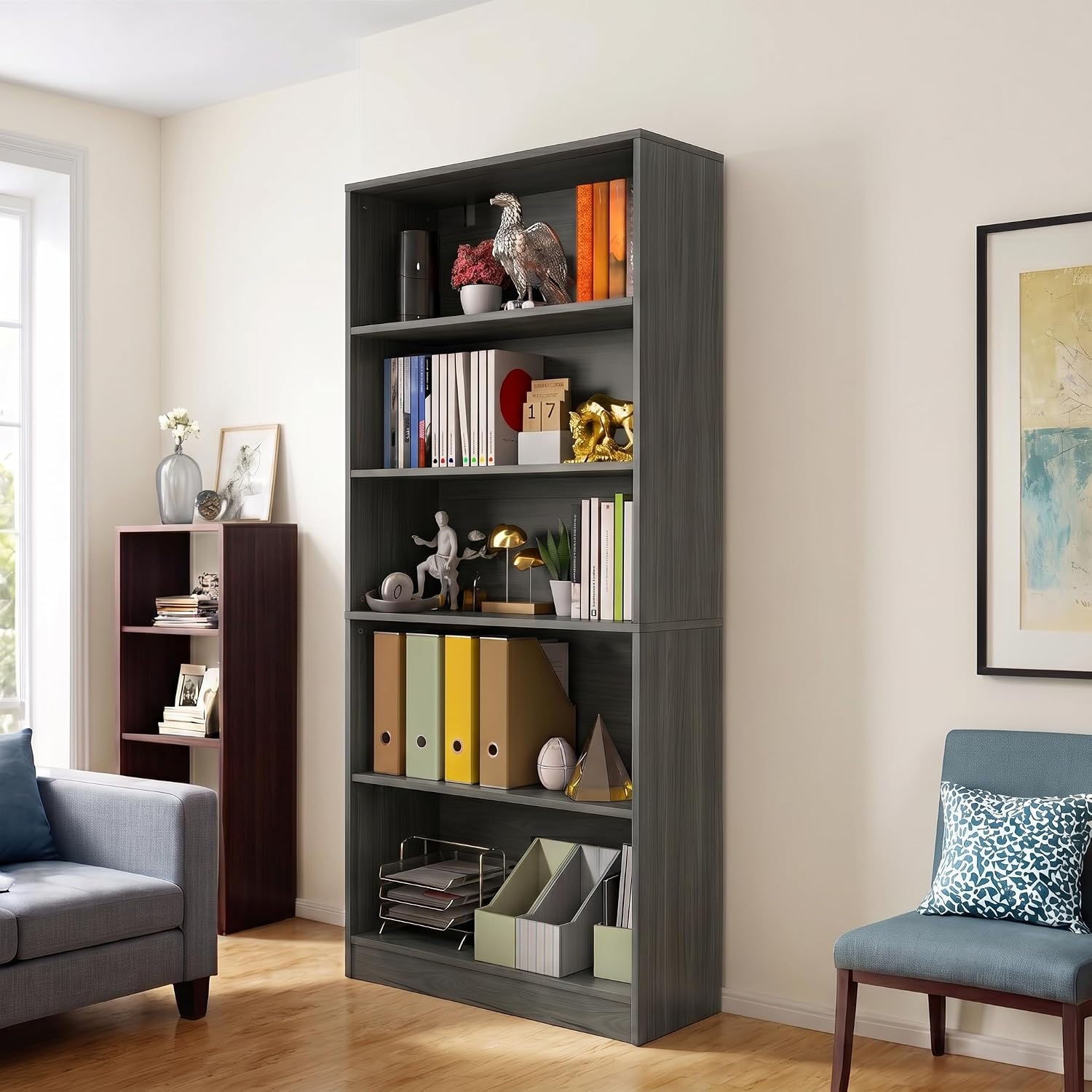 holzart 71" Tall Book Shelf, 5 Tier Large Bookshelf, Standing Wood Display Book Shelf for Living Room, Office, Library with Doors, 31.5" W x 70.87" H x 11.81" D, White