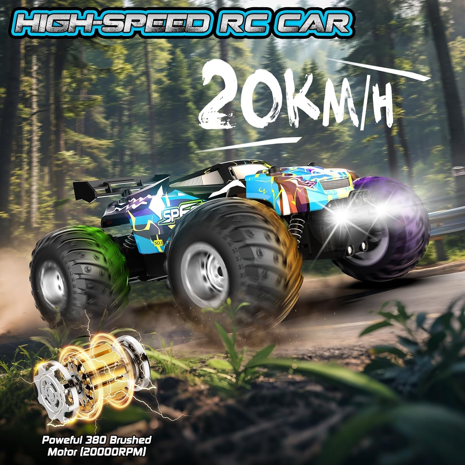Rcjoyou Remote Control Car, 2WD Off-Road Rc Truck, 20 KM/H All-Terrain RC Cars with Headlights & Body Lights, 2.4GHz, 2 Batteries