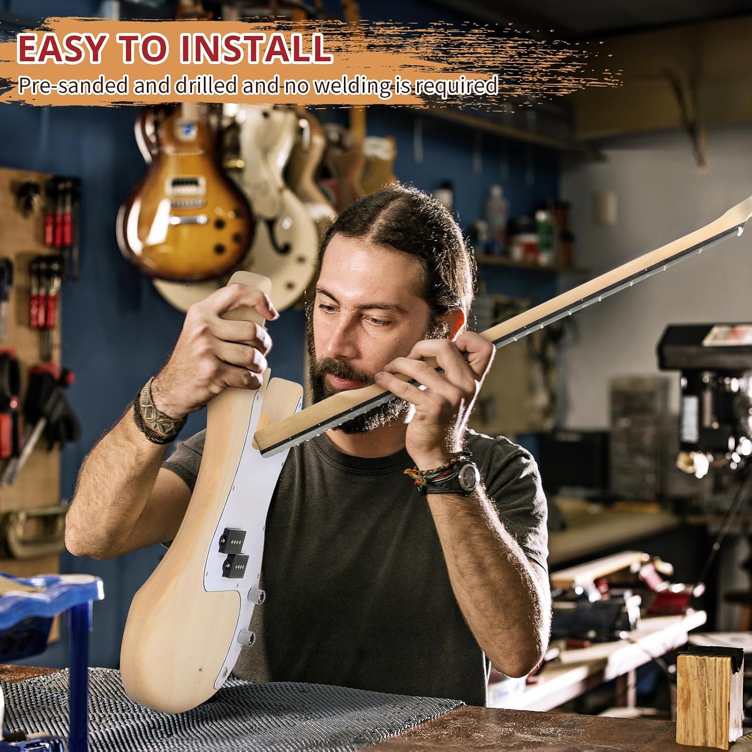 Ktaxon DIY Electric Guitar Kit, 44Inch DIY Bass Guitar Kit (KIB) | Mahogany Body, Solid Wood Fingerboard and Maple Neck, Easy Installation & All Accessories Included to Build Your Own Guitar
