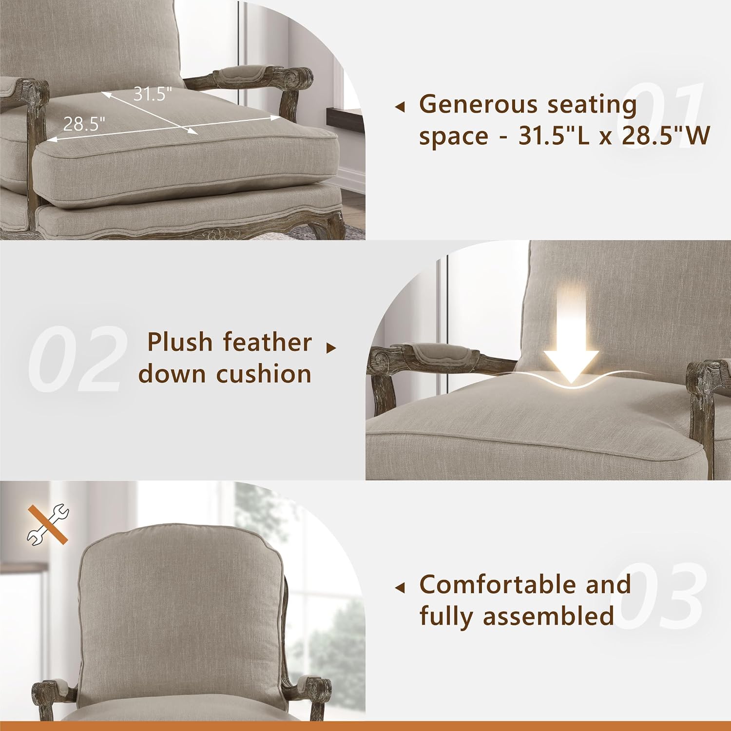 Lexicon Parlier Show Wood Accent Chair - Mid Century Modern Chair for Living Room, Traditional French Country Style, Padded Arms, Reversible Cushion, Solid Wood Frame, Arrives Assembled, Neutral