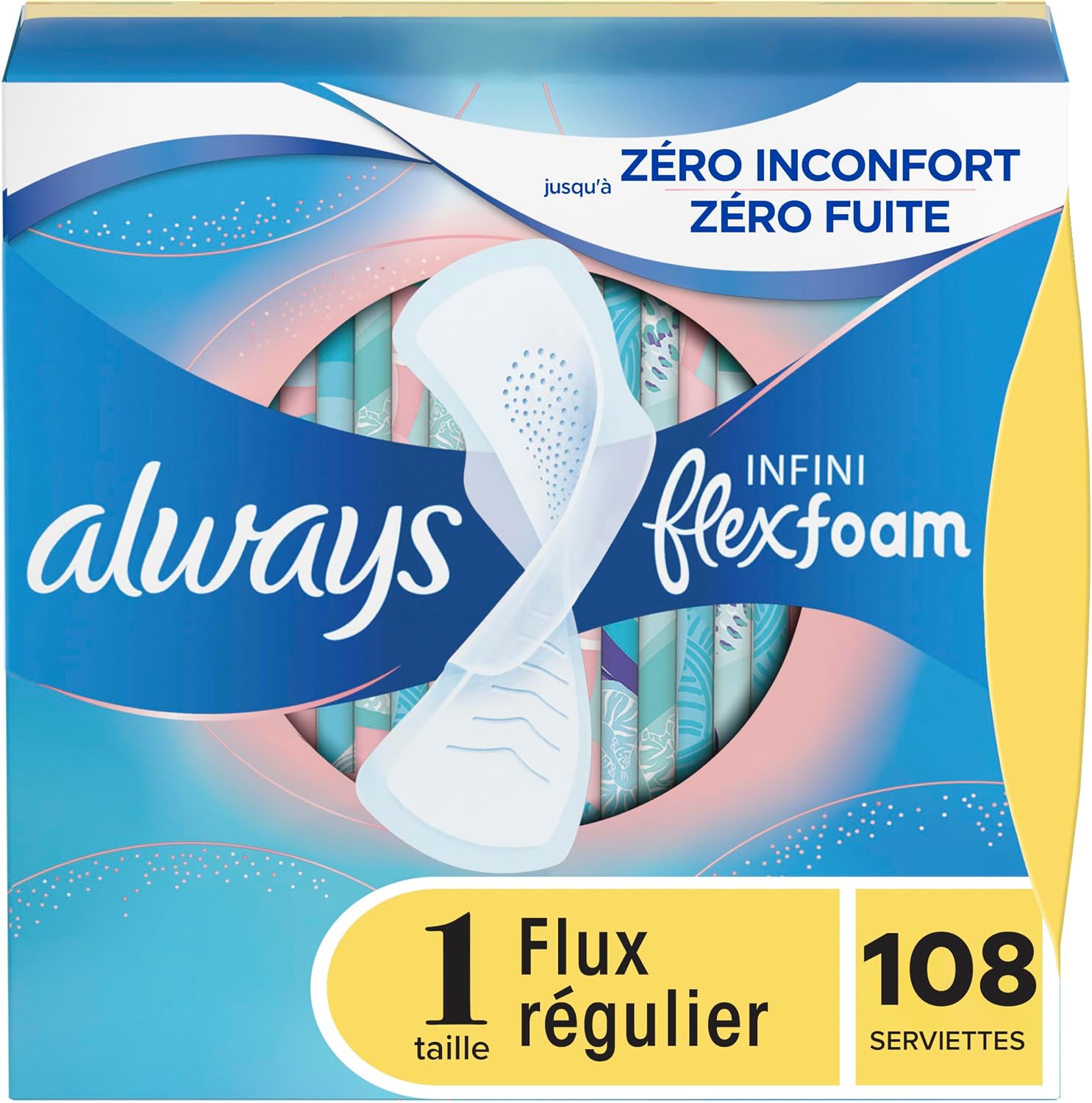 Always Infinity Feminine Pads for Women, Flexfoam Pads with Wings, Size 1, Regular Absorbency, Unscented, 108 Count (3 Packs of 36)