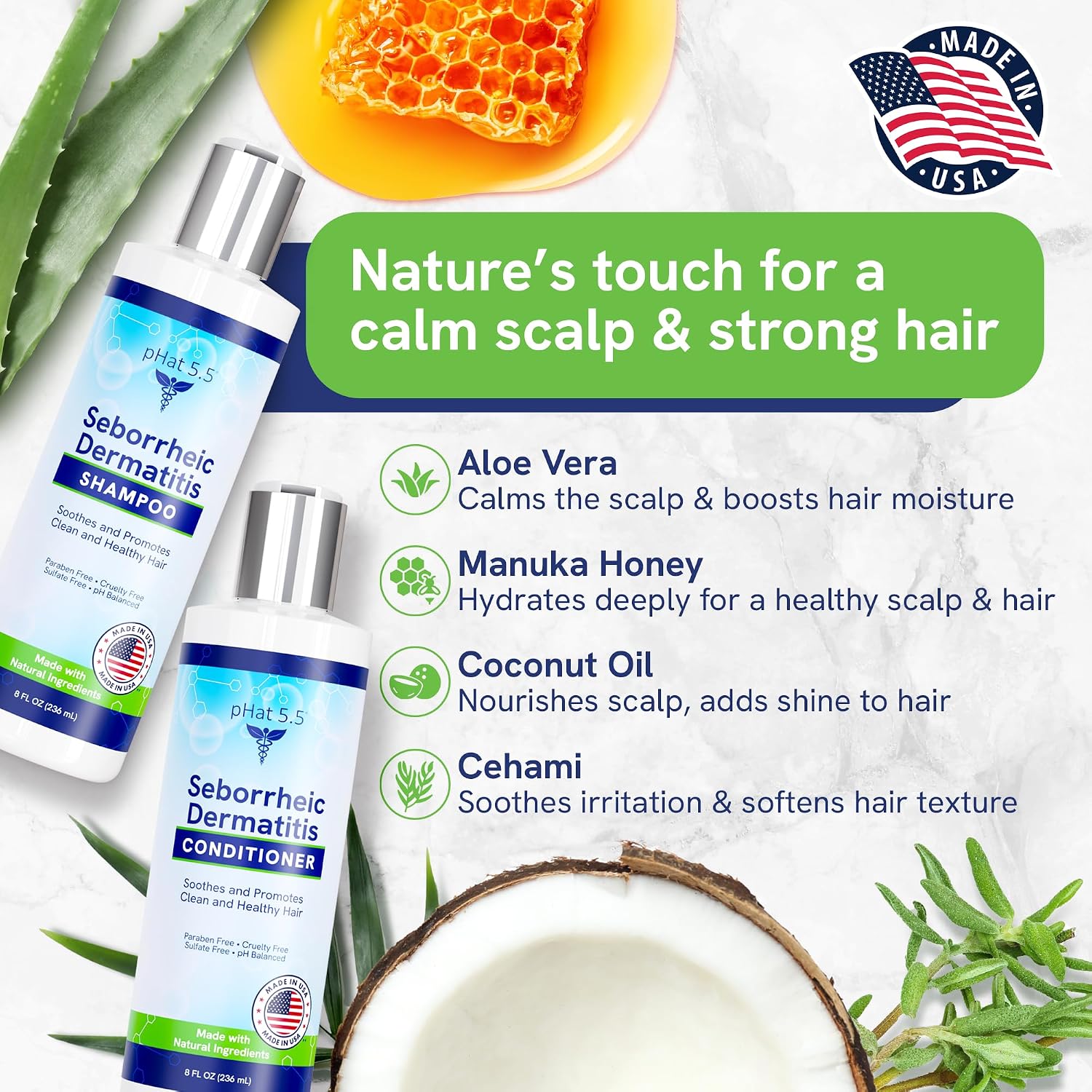 Sulfate Free Shampoo and Conditioner Set for Seborrheic Dermatitis Relief - Severe Dry & Itchy Scalp Treatment with Manuka Honey, Aloe Vera & Coconut Oil - Safe for Color Treated Hair (8 oz)