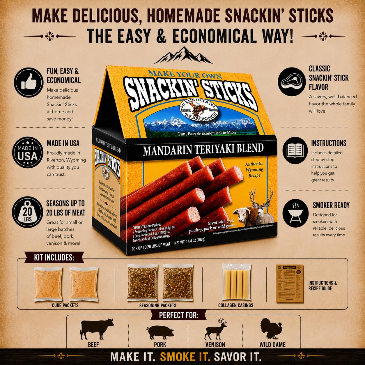 Hi Mountain Snack Stick Seasoning Kit | ORIGINAL | Makes 20 lbs | Complete Snack Stick Kit, Seasoning, Cure, Casings, & Directions Included, For Beef, Deer, Elk, Venison & Wild Game Meat